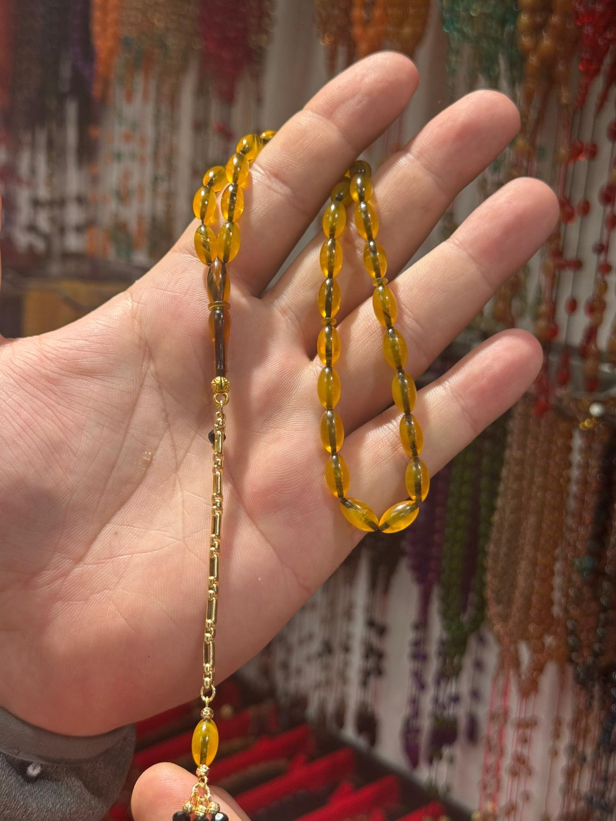 Osmanlı Benzetmesi Hareli Karamel Sıkma Kehribar Tesbih 7x11 mm Özel Döküm