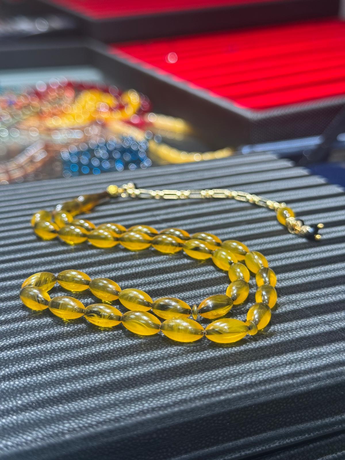 Osmanlı Benzetmesi Hareli Karamel Sıkma Kehribar Tesbih 7x11 mm Özel Döküm