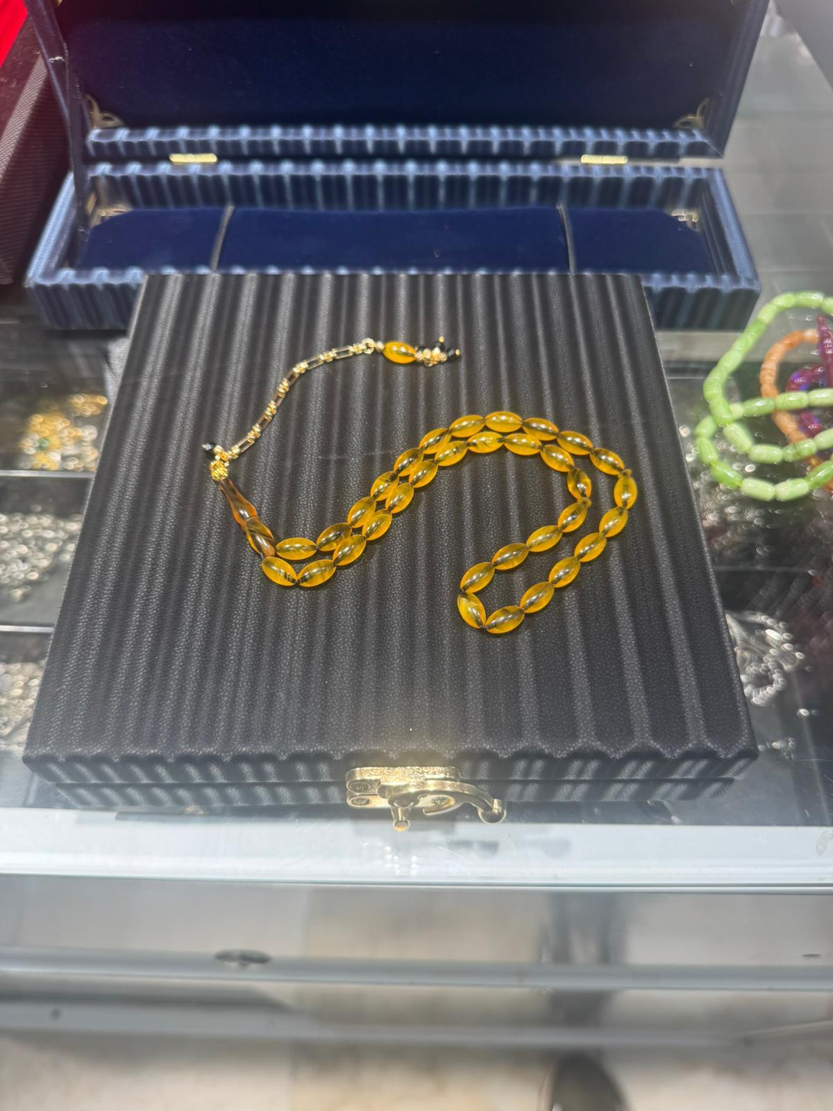 Osmanlı Benzetmesi Hareli Karamel Sıkma Kehribar Tesbih 7x11 mm Özel Döküm