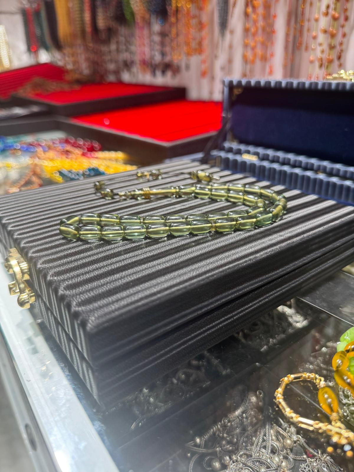Su Yeşili Ateş Kehribar Tesbih 7x11 mm Özel Halkalı İmame Usta İmzalı