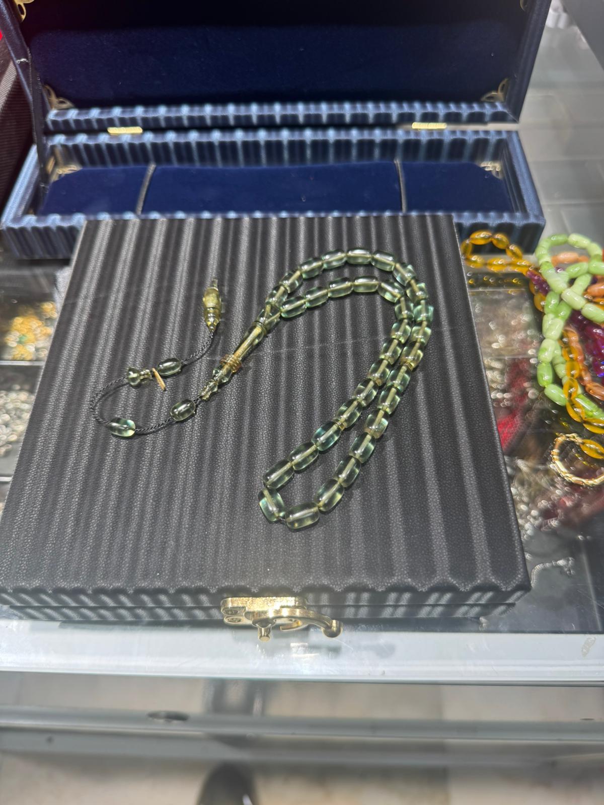 Su Yeşili Ateş Kehribar Tesbih 7x11 mm Özel Halkalı İmame Usta İmzalı
