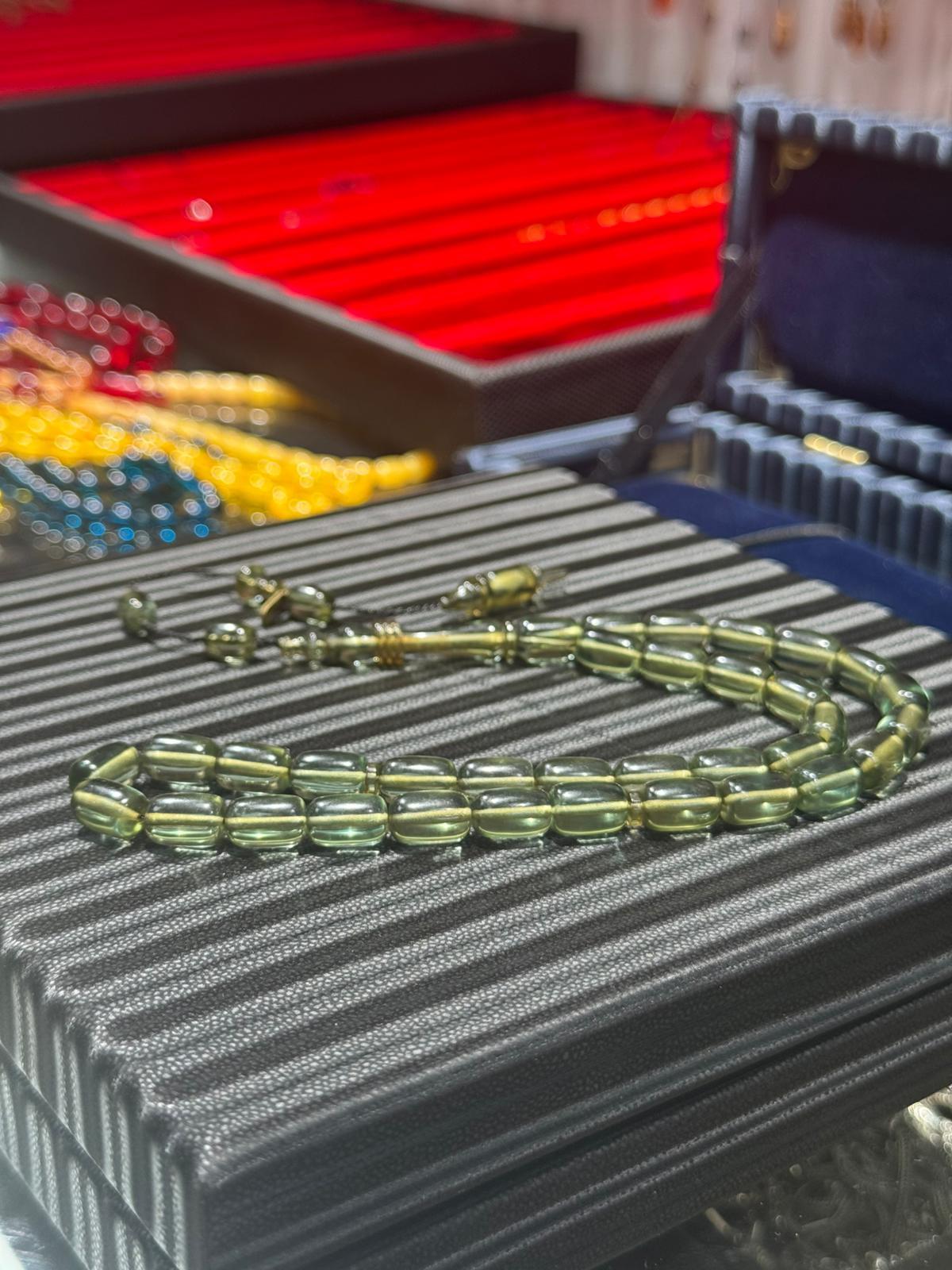 Su Yeşili Ateş Kehribar Tesbih 7x11 mm Özel Halkalı İmame Usta İmzalı