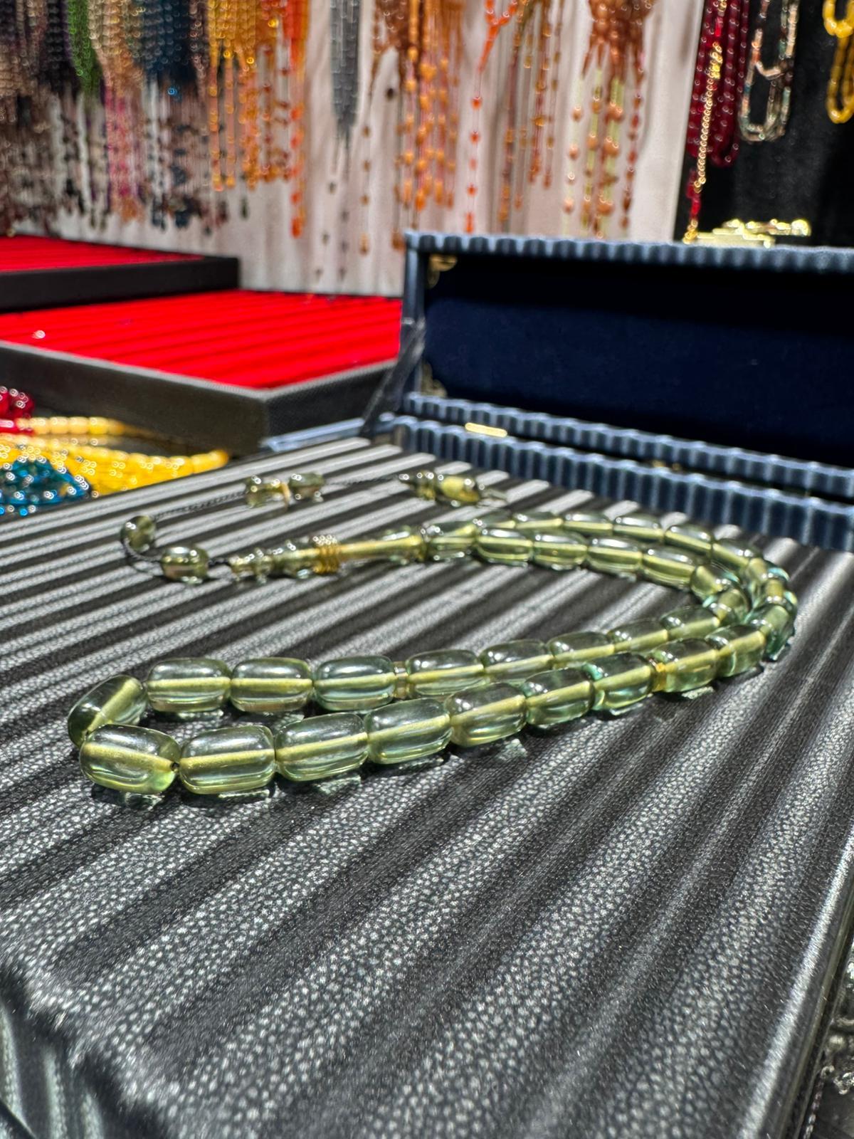 Su Yeşili Ateş Kehribar Tesbih 7x11 mm Özel Halkalı İmame Usta İmzalı