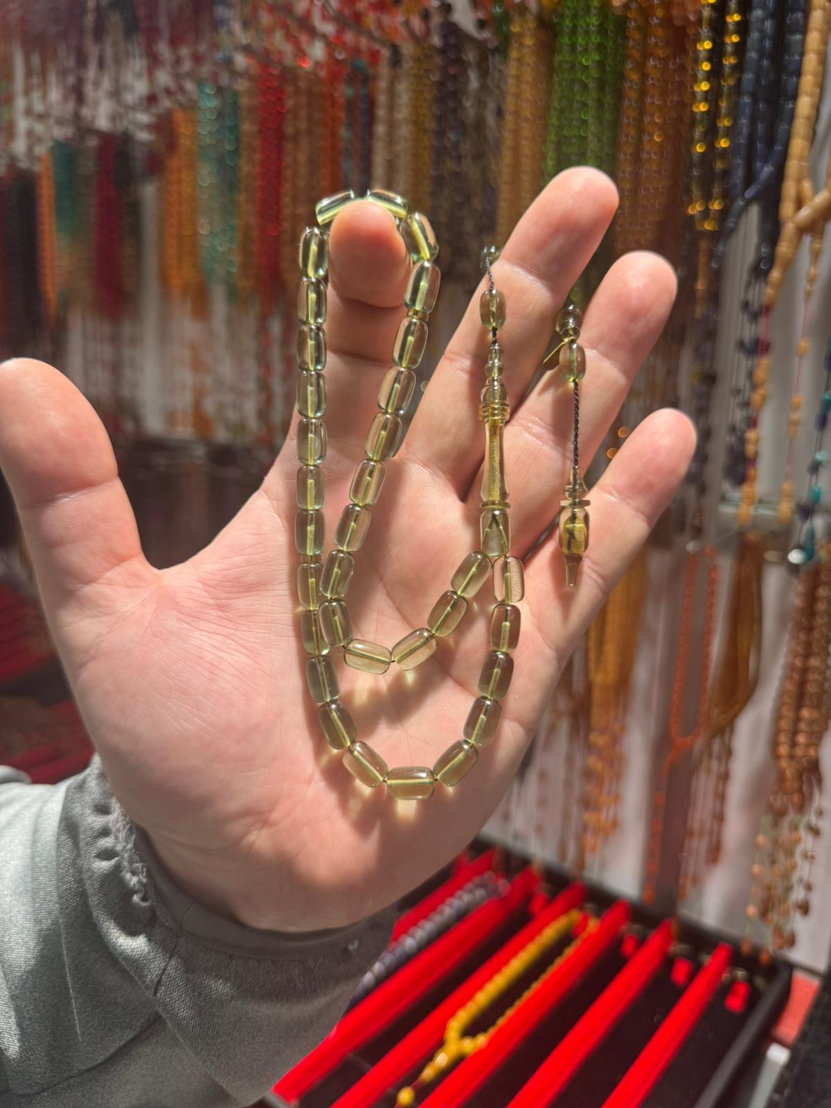 Su Yeşili Ateş Kehribar Tesbih 7x11 mm Özel Halkalı İmame Usta İmzalı