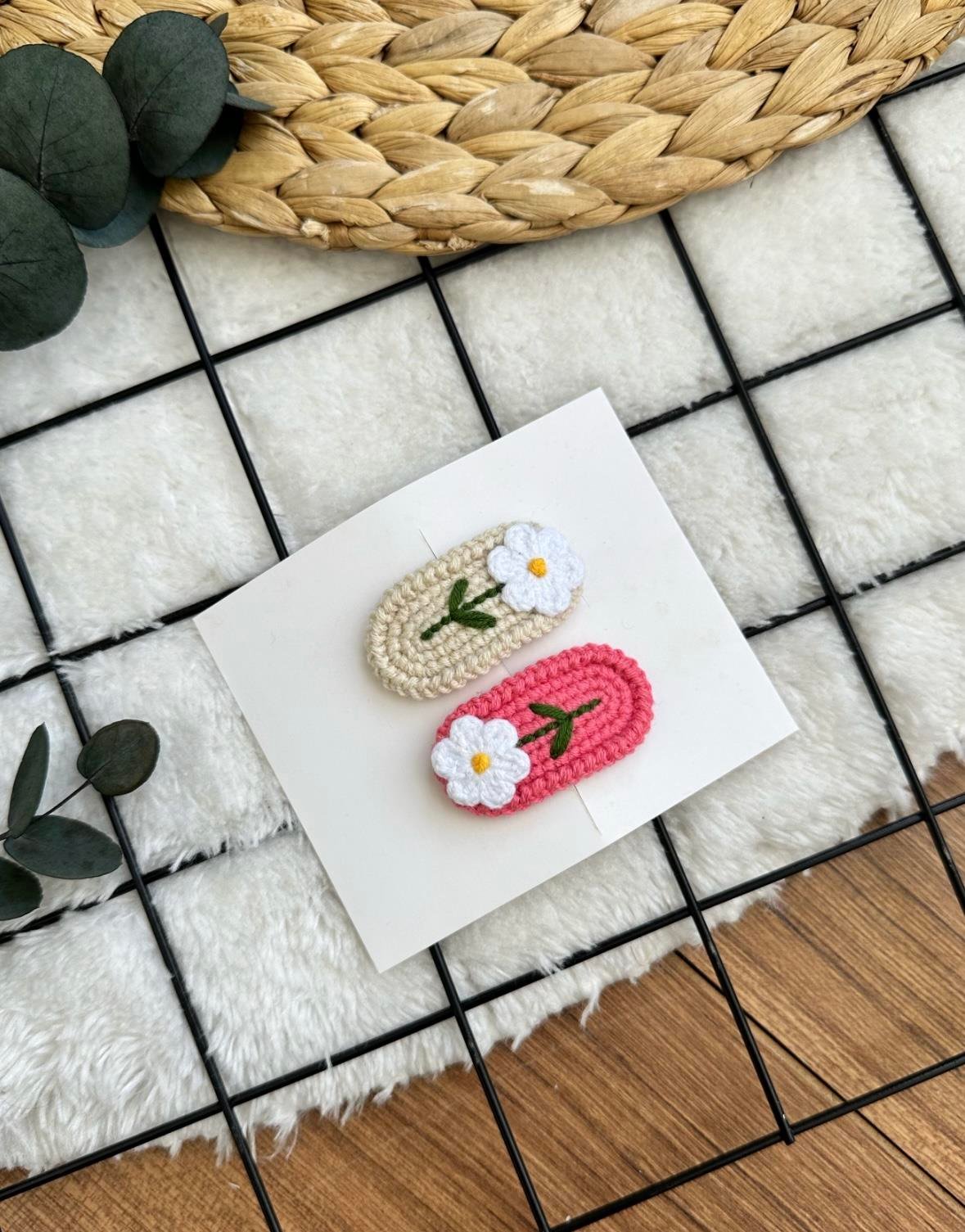  2'li Bej & Şeker Pembe Çiçekli Amigurumi Klips Set