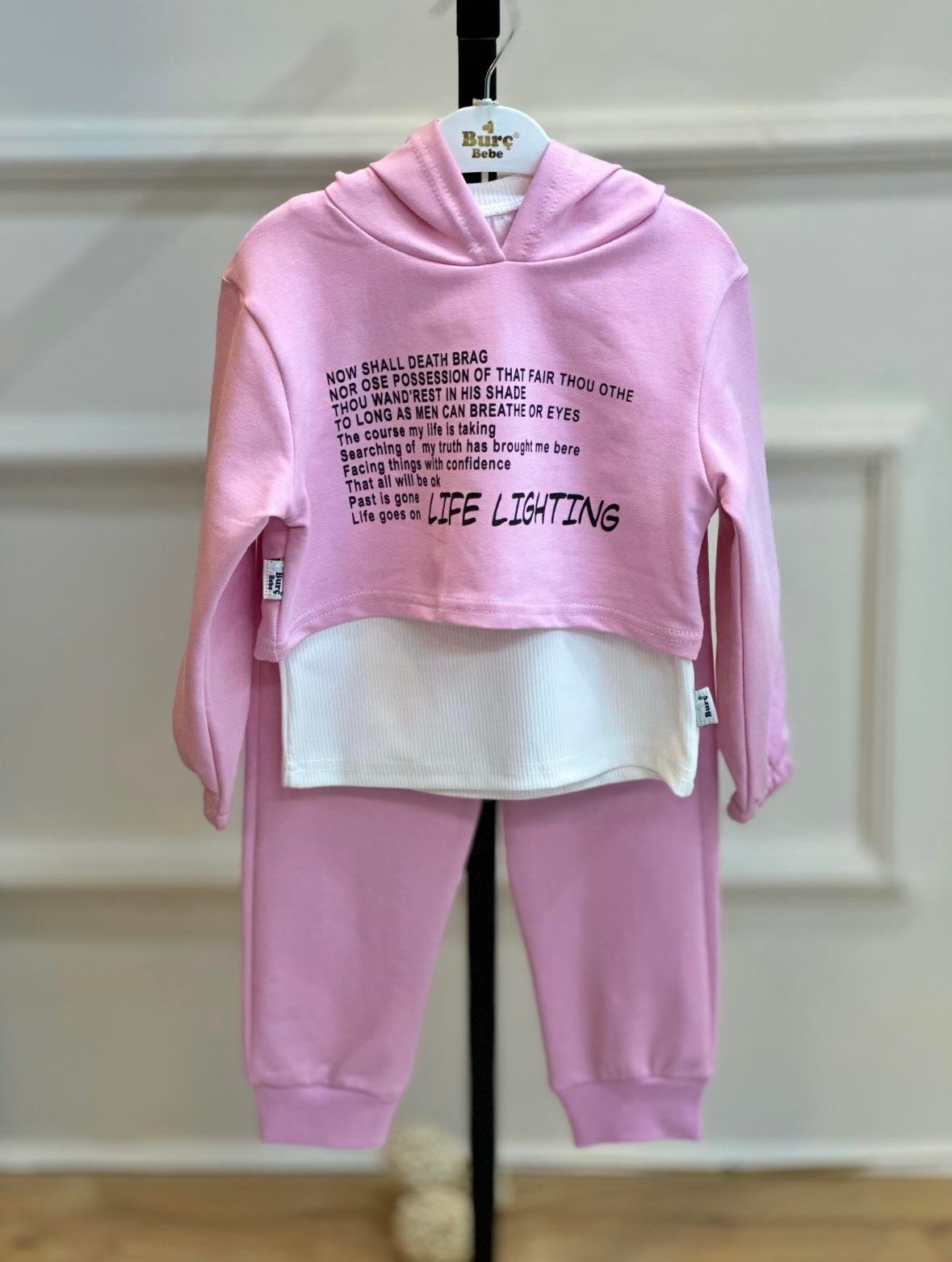 2-6 Yaş 3'lü Pembe Crop Sweatli Takım