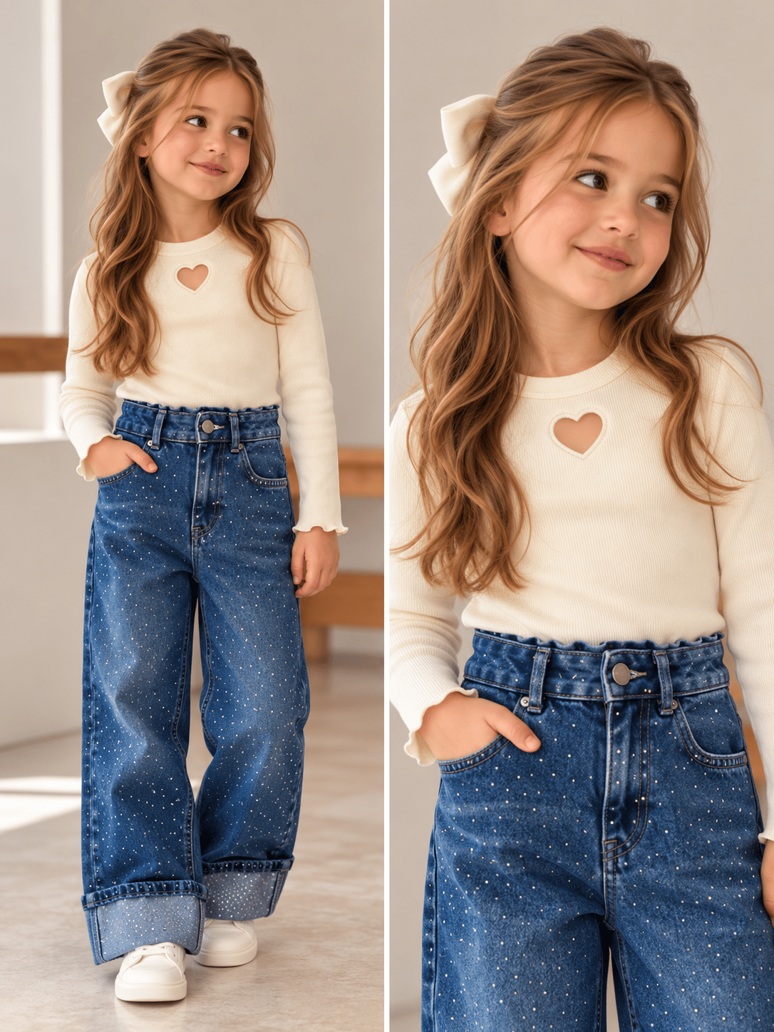 2-6 Yaş Kalp Detaylı Body & Duble Paça Taş Detaylı Jean ( Toka Hediyeli )