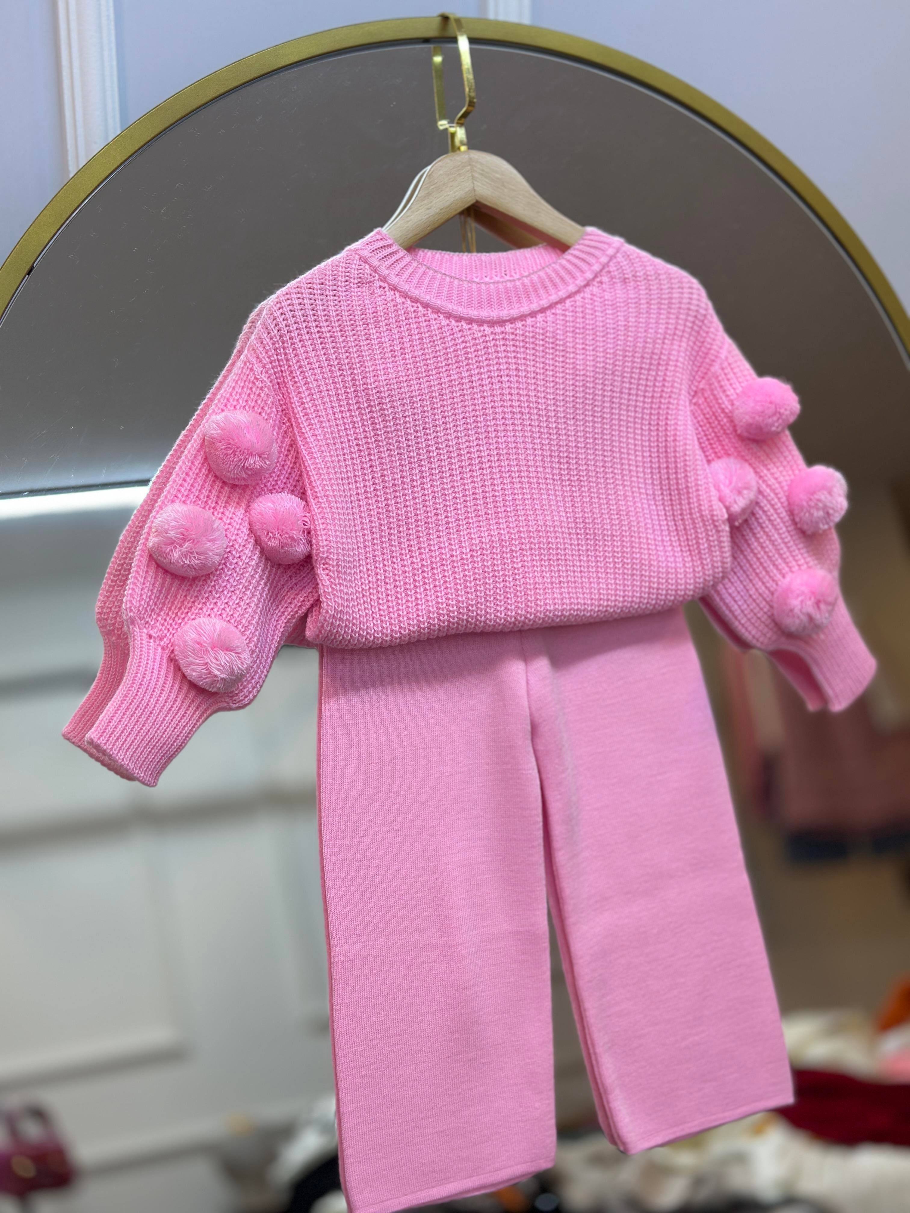 2-8 Yaş Pembe Ponponlu Kazak & Pembe Rengi Triko Pantolon Takım