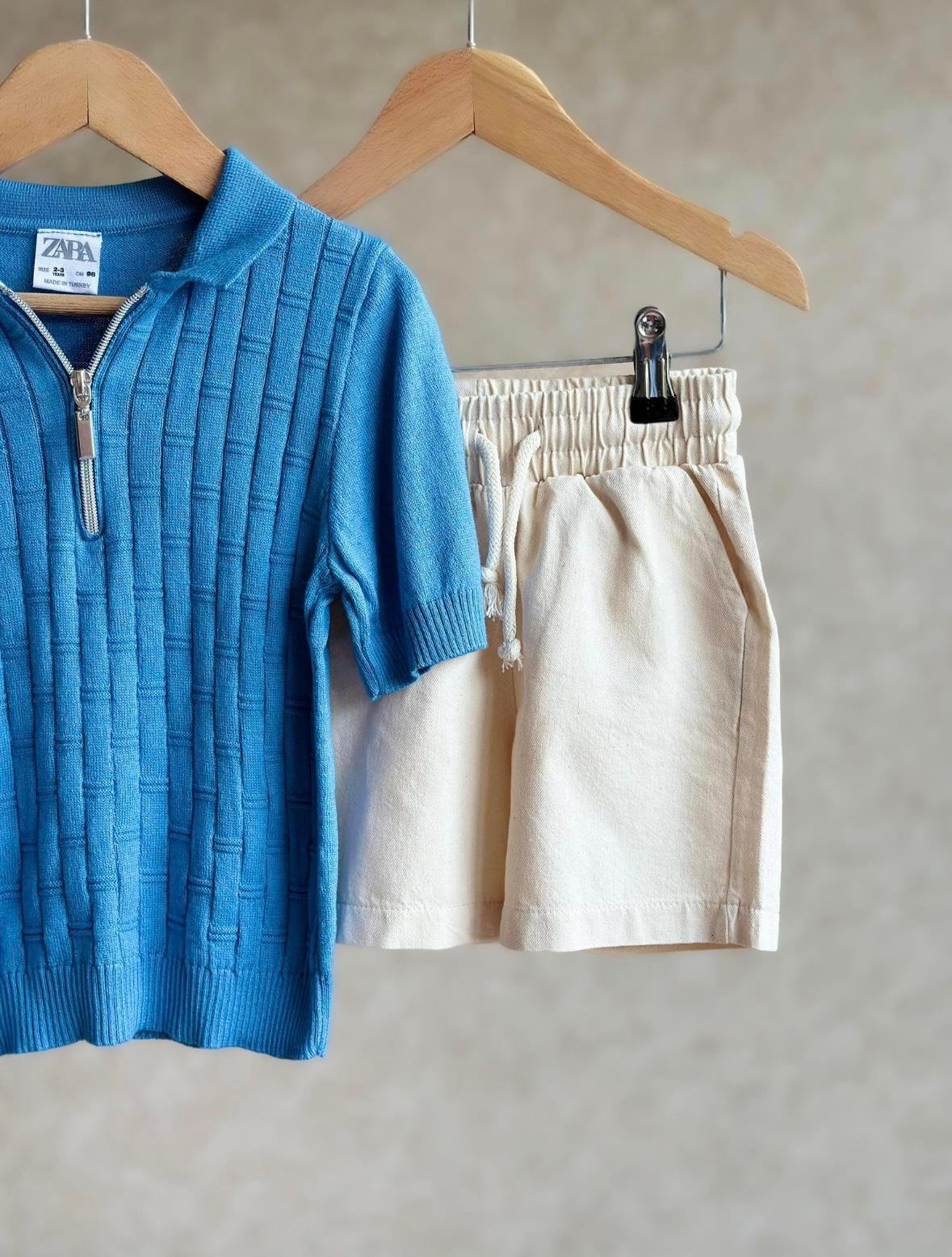 2-8 Yaş Saks Triko Sweat - Şortlu Takım