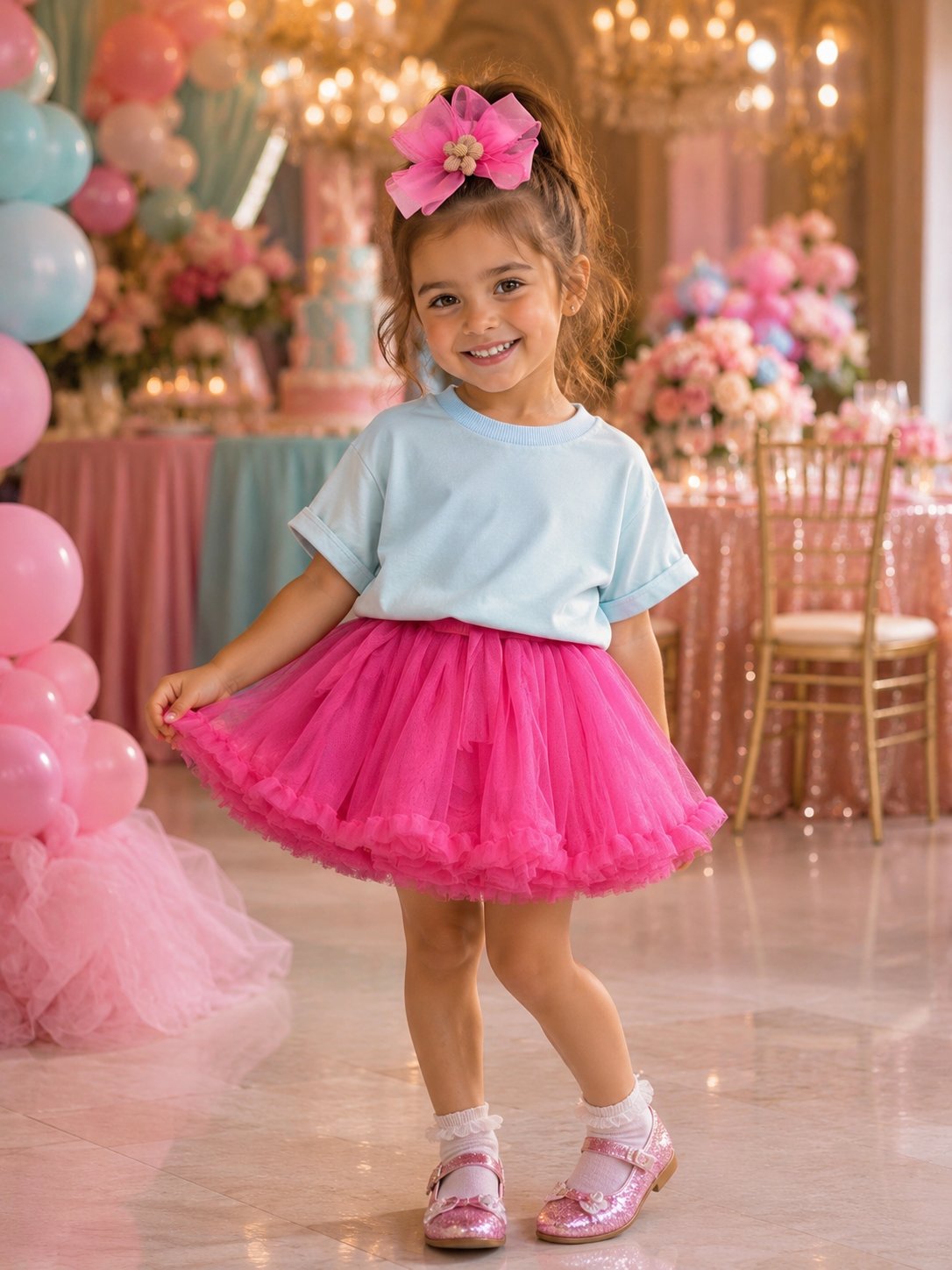 2-8 Yaş Turkuaz Oversize Tişört & Şeker Pembe Tütü Etek