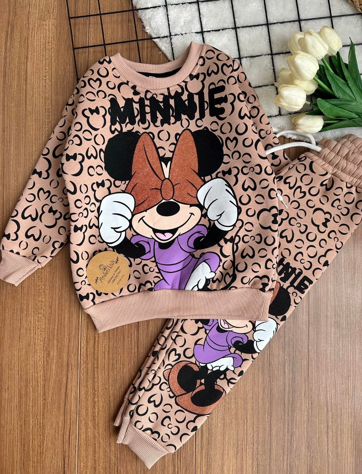 3-10 Yaş Kahve Minnie Mouse Kalp Detaylı Takım