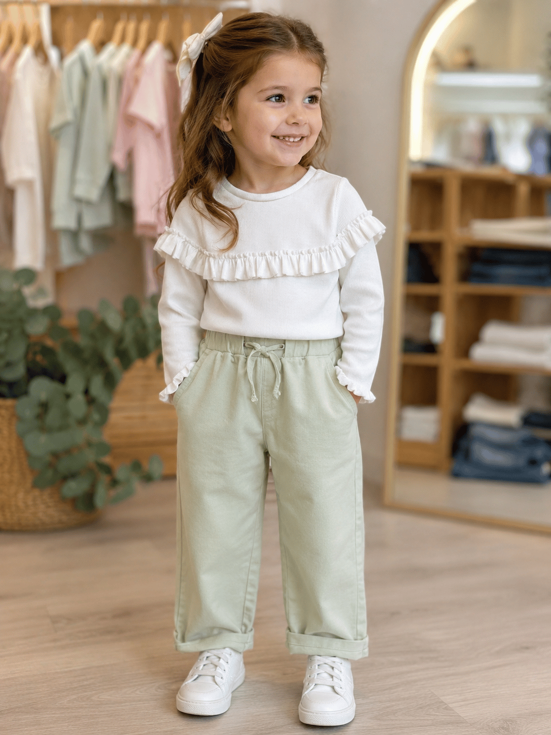 3-6 Yaş Nil Yeşili Pantolon & Fırfır Detaylı Body ( Toka Hediyeli )