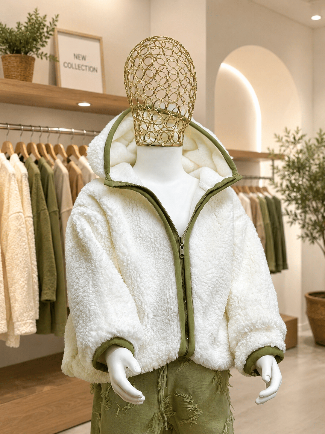 3-7 Yeşil  Manşet Detaylı Peluş Mont