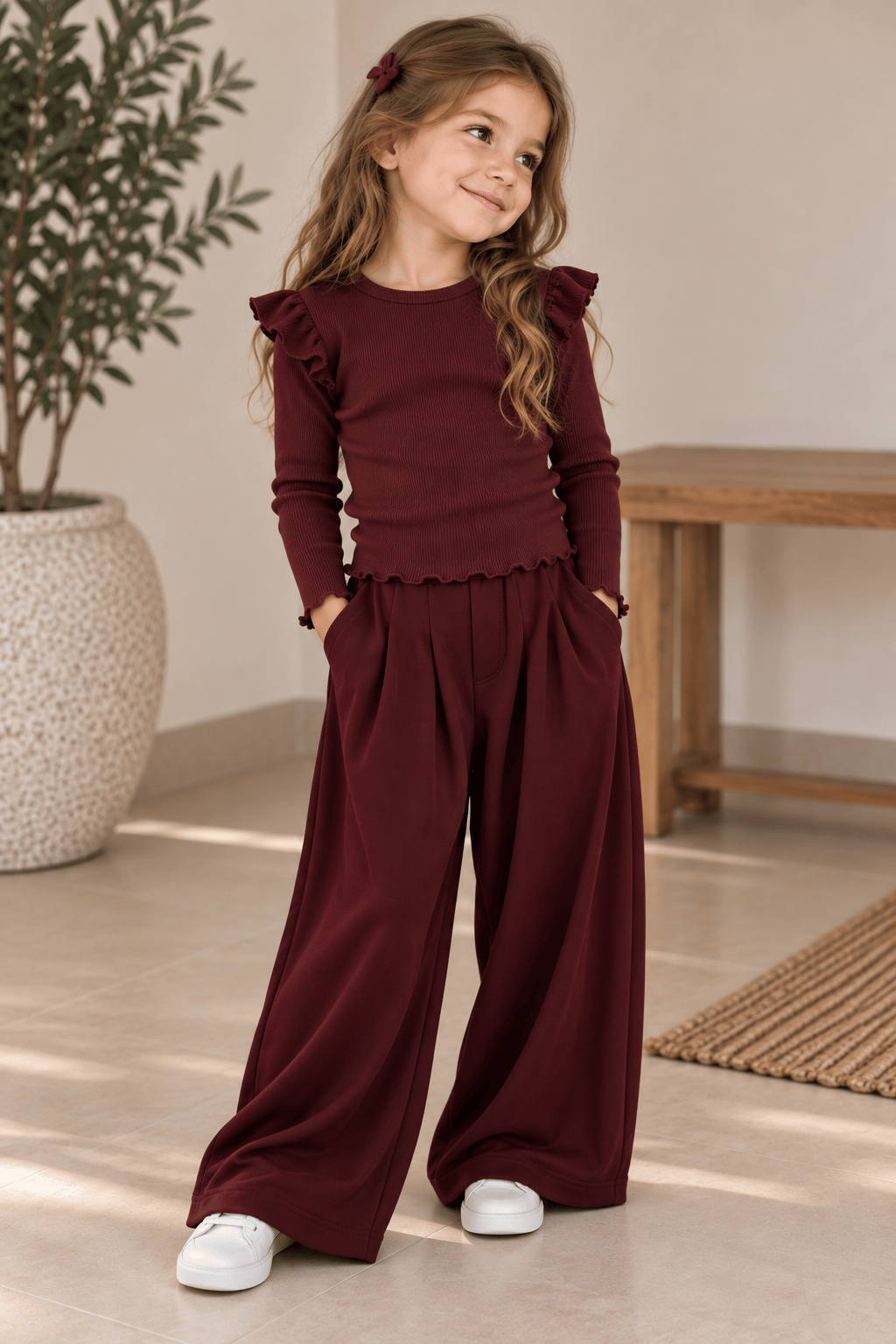 4-9 Yaş Bordo Fırfır Kol Body & Oysho Bordo Pantolon Takım
