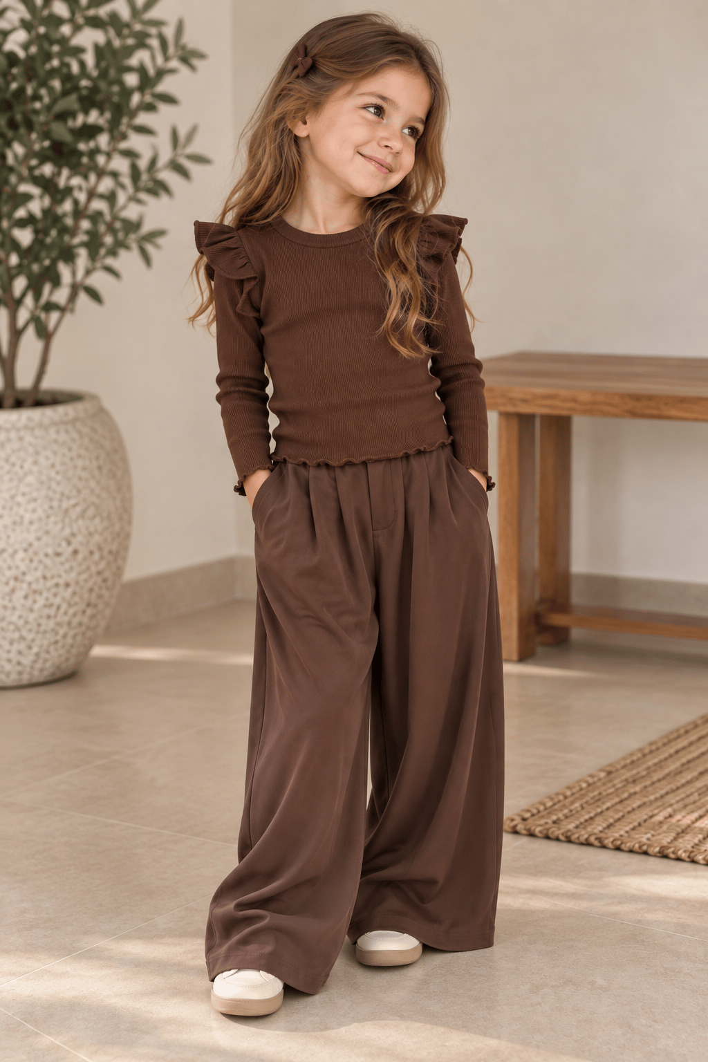 4-9 Yaş Kahverengi Fırfır Kol Body & Oysho Kahverengi Pantolon