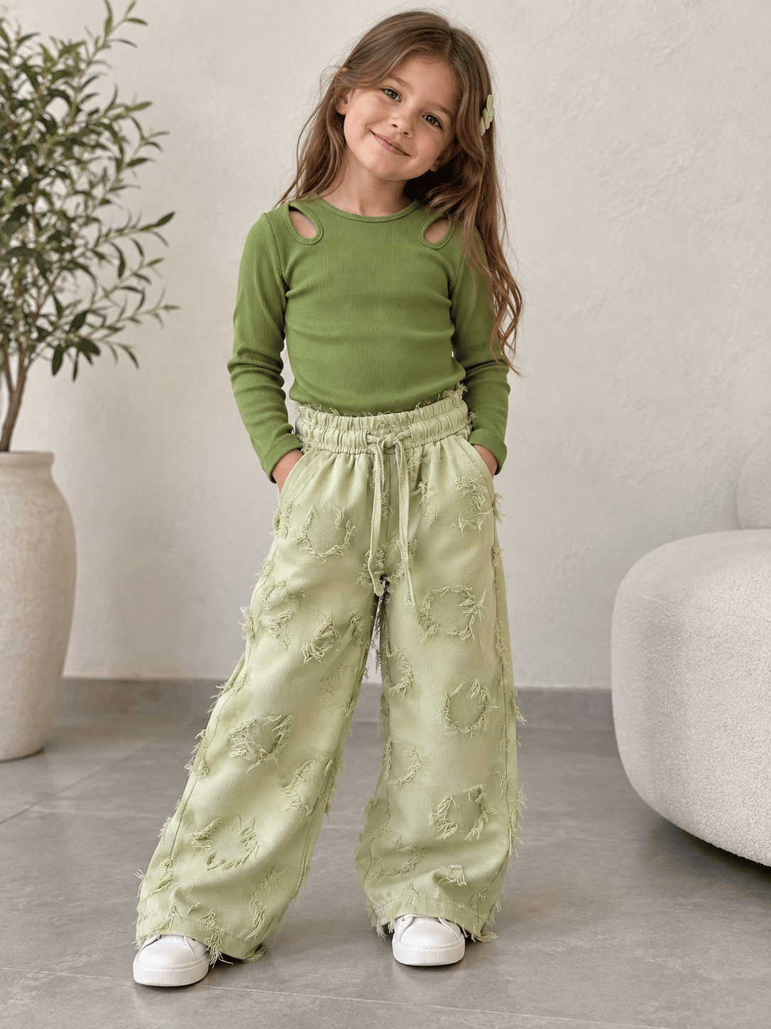 5-10 Yaş Yeşil Omuz Detaylı Body & Püsküllü Pantolon 