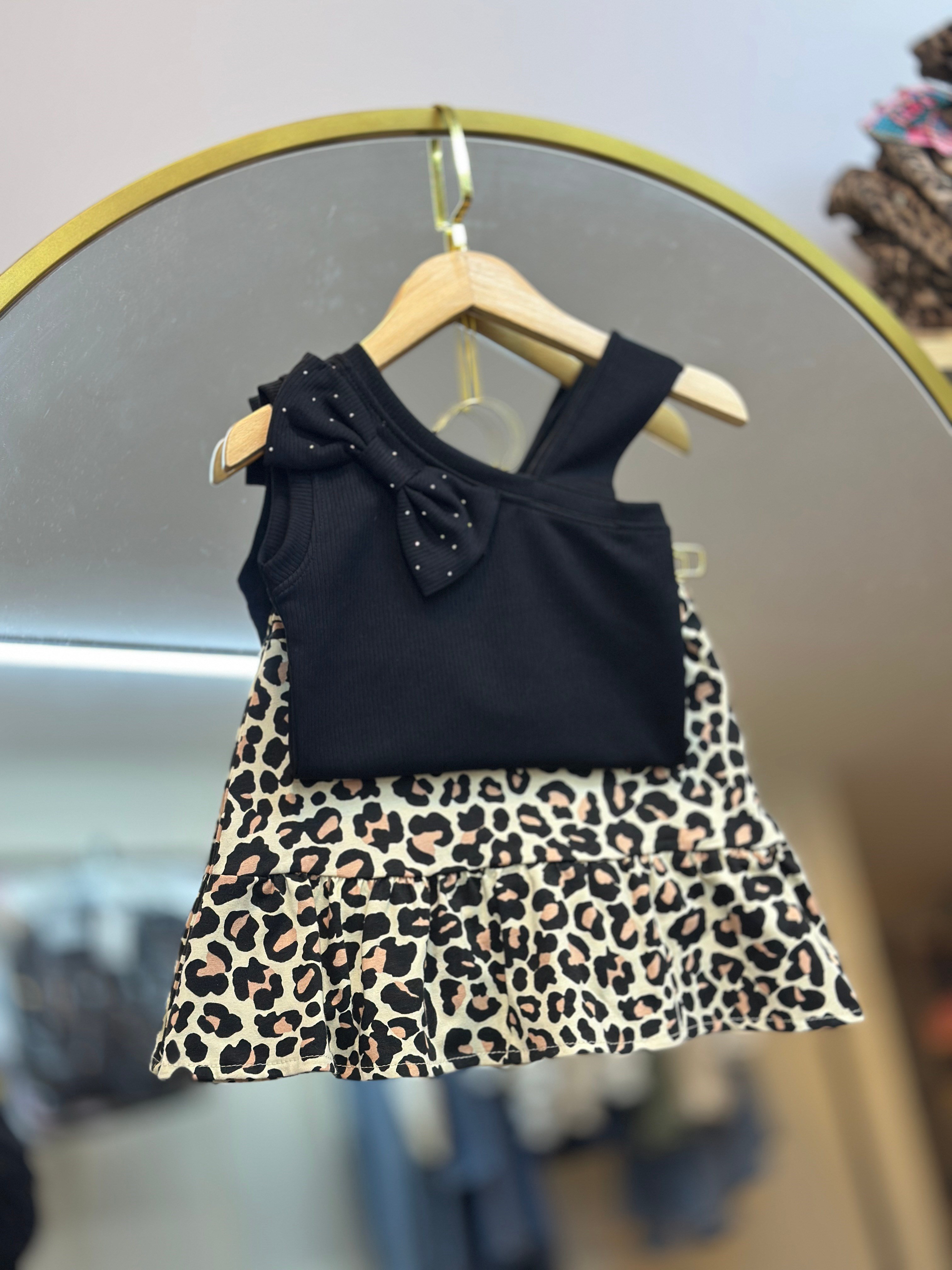 6-10 Yaş Siyah Fiyonk Detaylı Body & Leopar Biker Taytlı Etek 