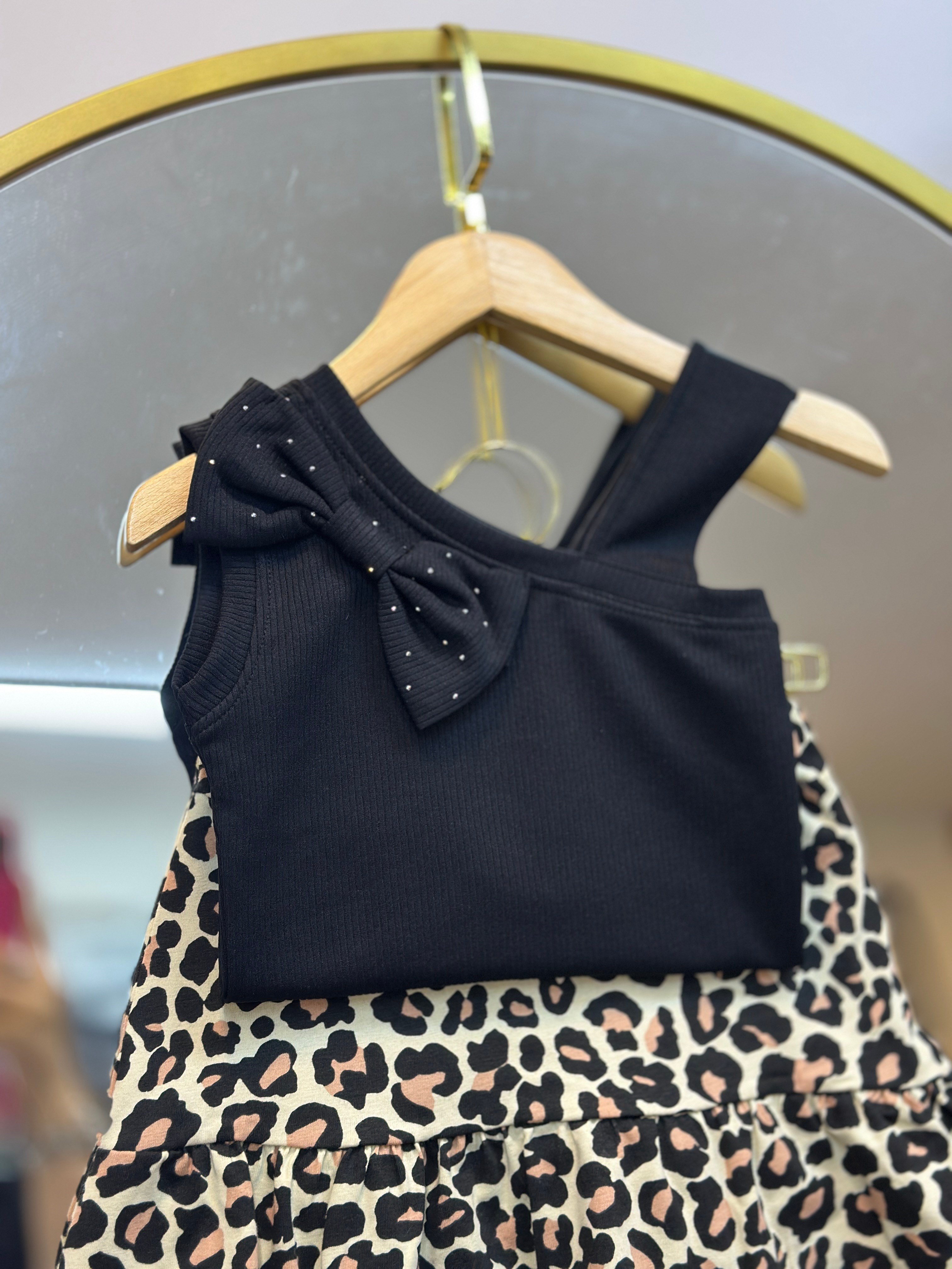 6-10 Yaş Siyah Fiyonk Detaylı Body & Leopar Biker Taytlı Etek 