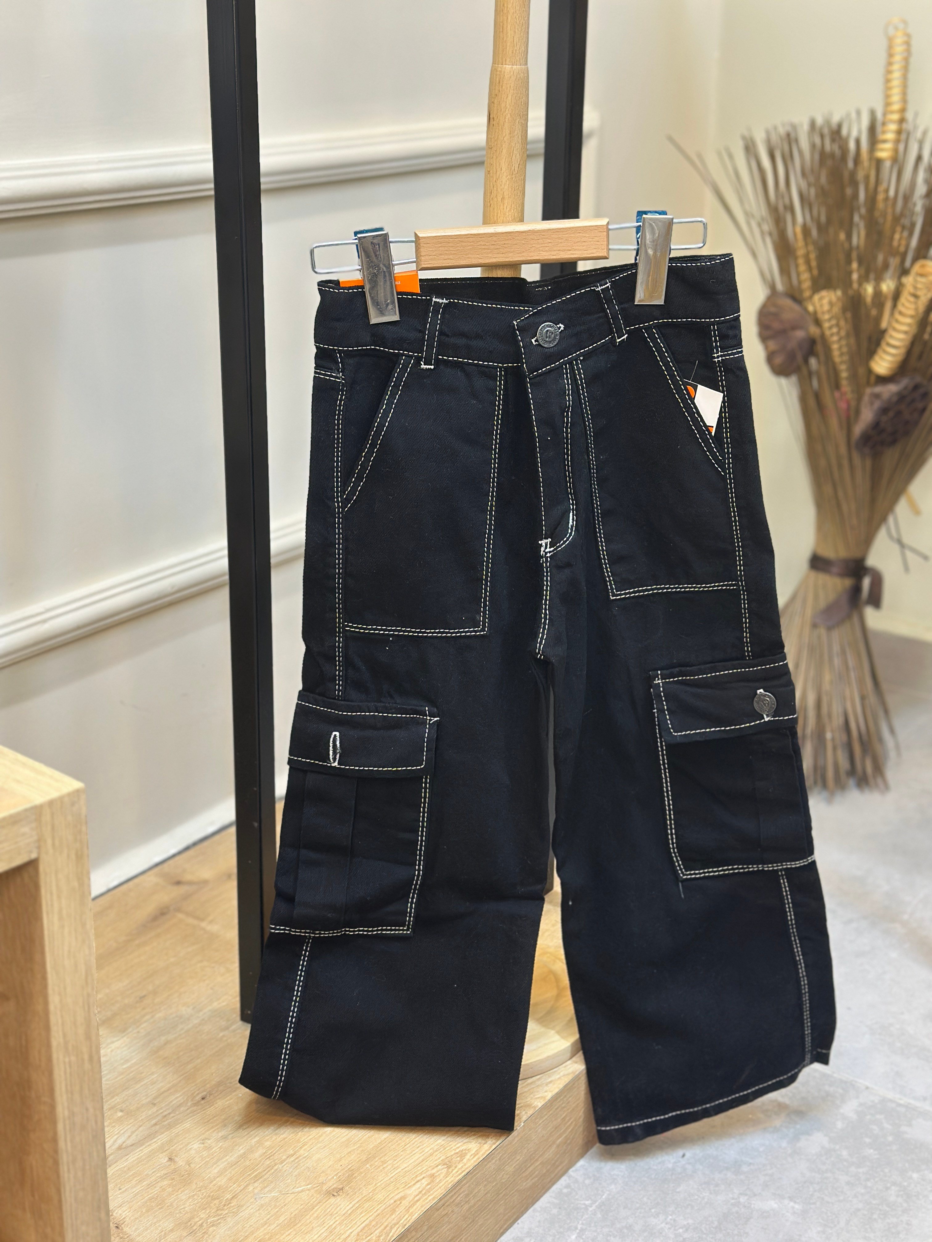 6-9 Yaş Siyah Kargo Cep Jean Pantolon