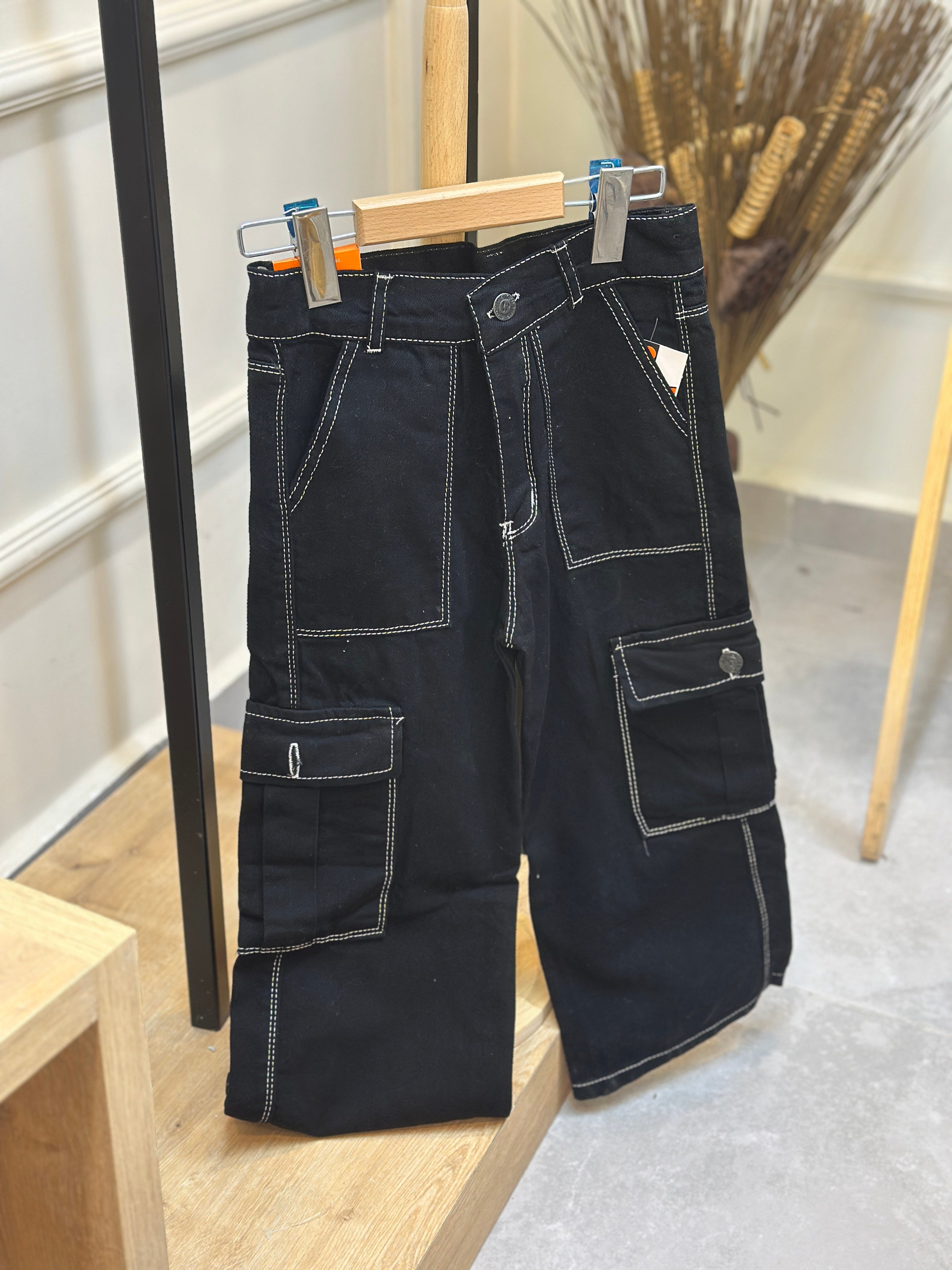 6-9 Yaş Siyah Kargo Cep Jean Pantolon