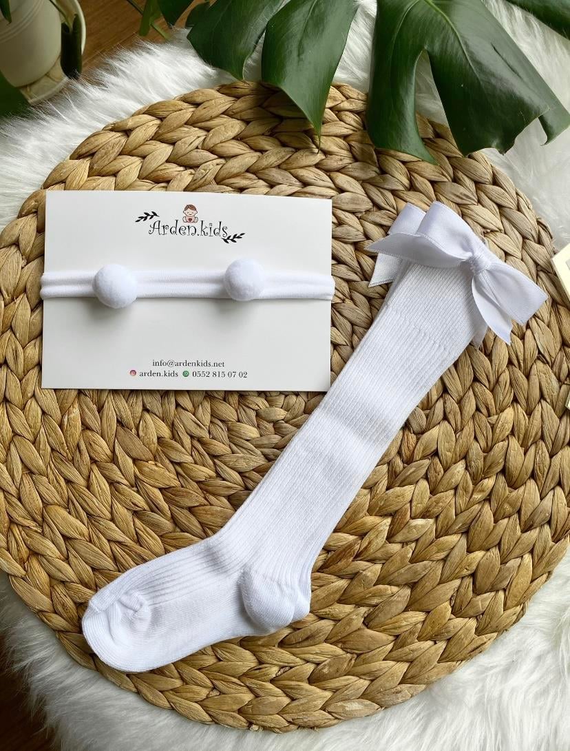 Beyaz Mini Ponpon- Çorap Set