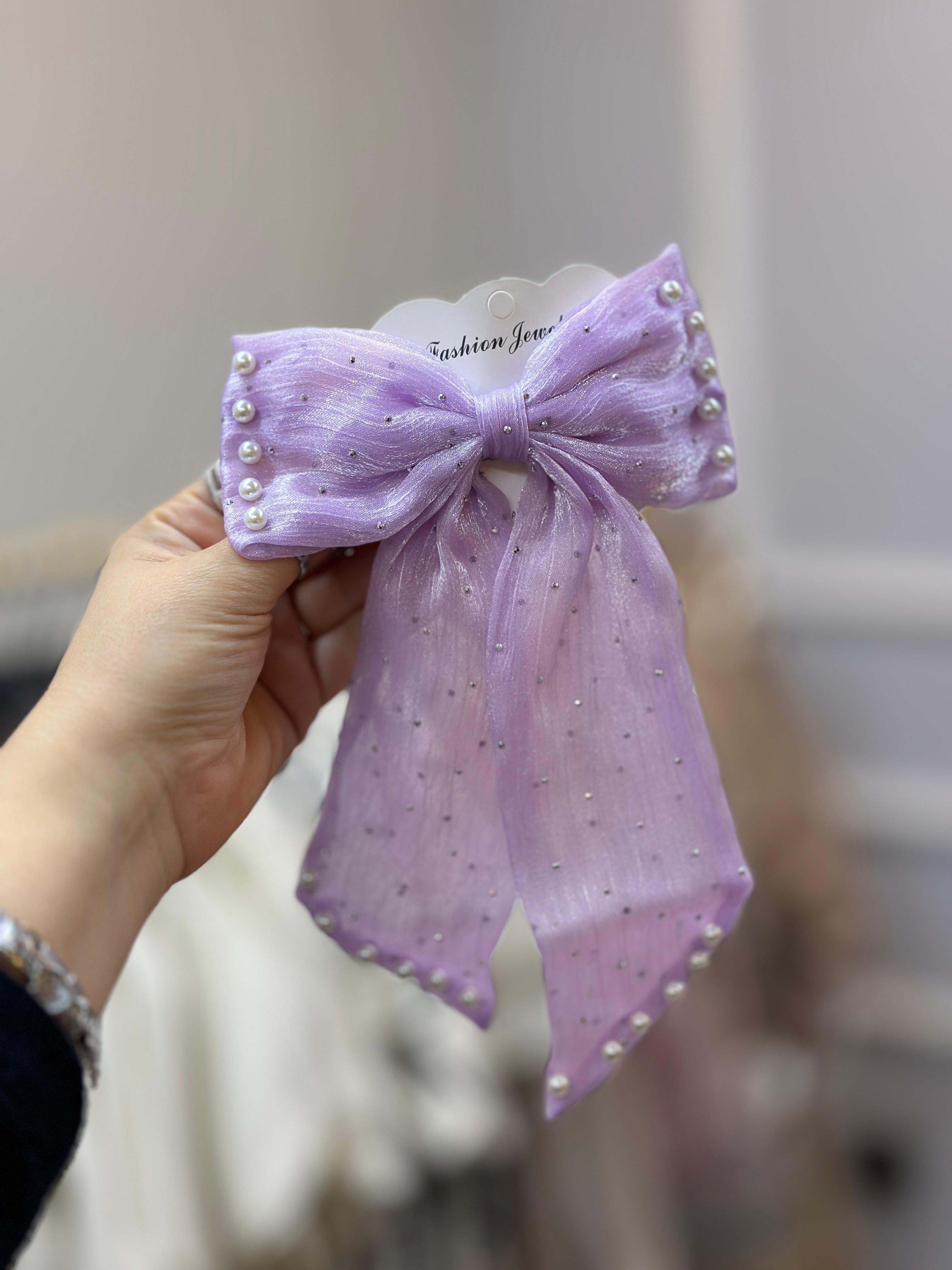 Lila İnci Detaylı Fiyonk Otomatik Klips Toka 
