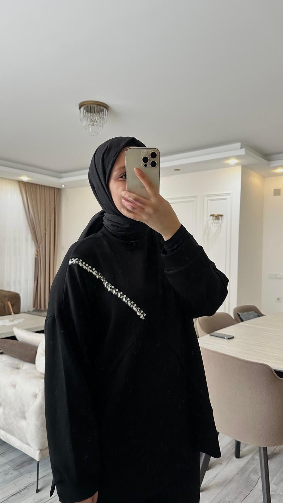 CAMELYA SİYAH KADIN TAŞ DETAYLI İKİLİ TAKIM