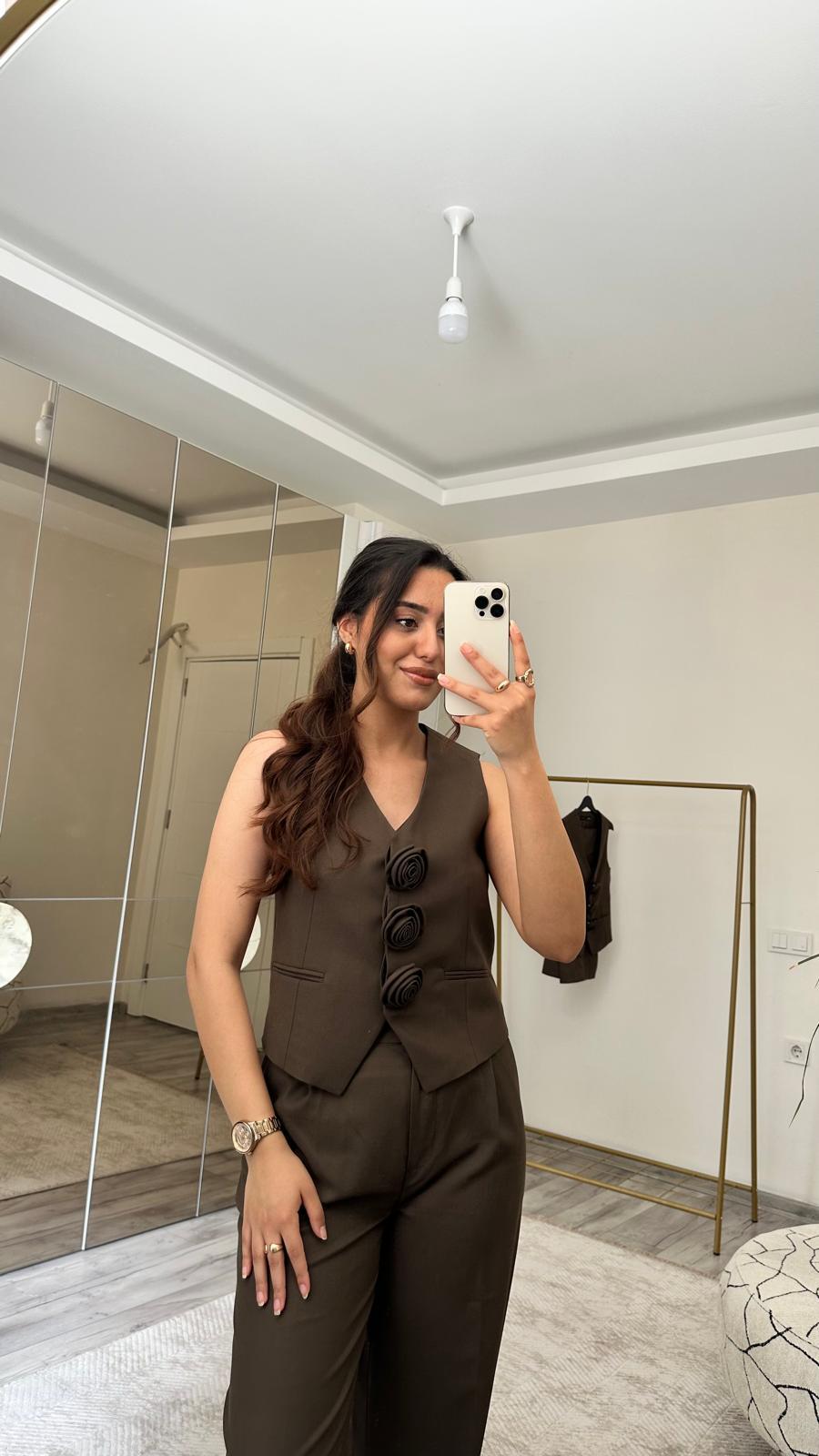 GÜL DÜĞME DETAYLI YELEK PANTOLON TAKIM HAKİ