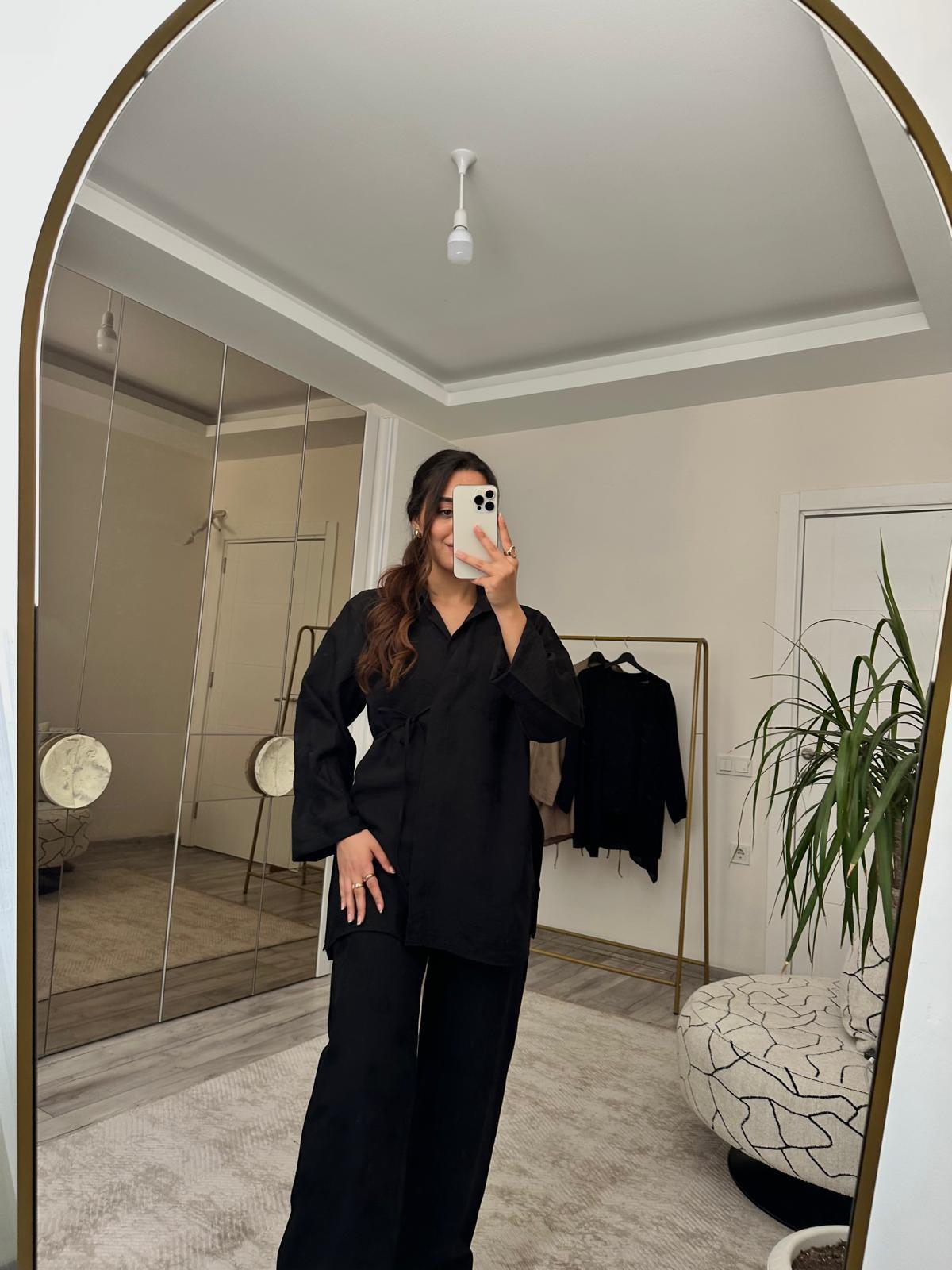 KİMONO YANDAN BAĞLAMALI TENSEL TAKIM SİYAH