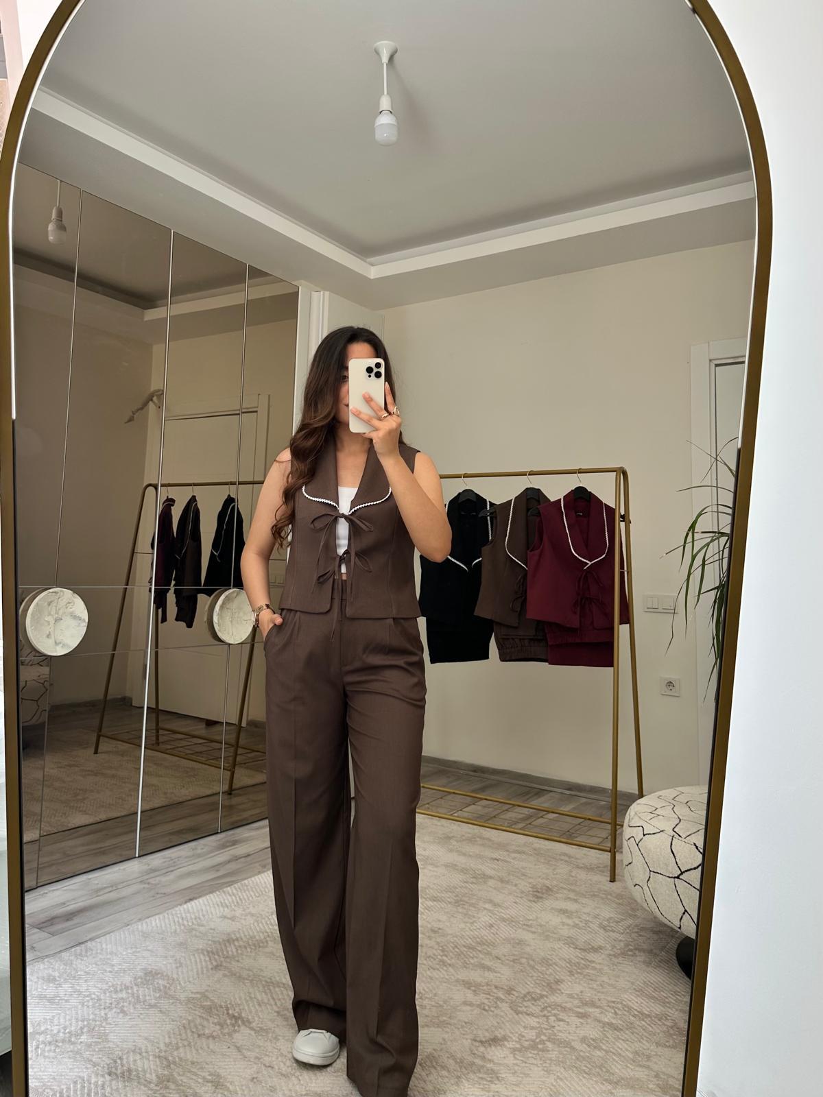 YAKASI FİSTOLU YELEK PANTOLON TAKIM KAHVERENGİ