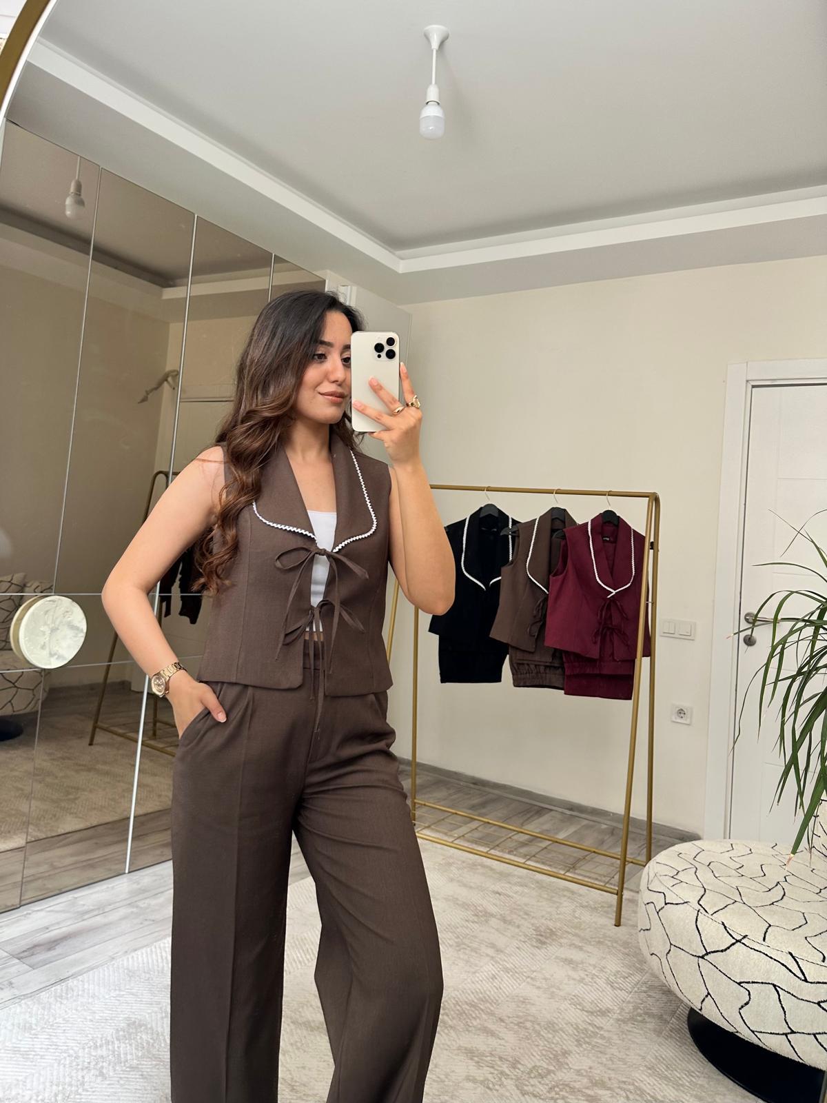 YAKASI FİSTOLU YELEK PANTOLON TAKIM KAHVERENGİ