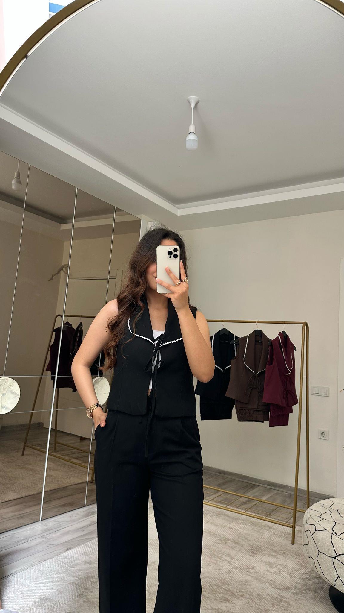 YAKASI FİSTOLU YELEK PANTOLON TAKIM SİYAH
