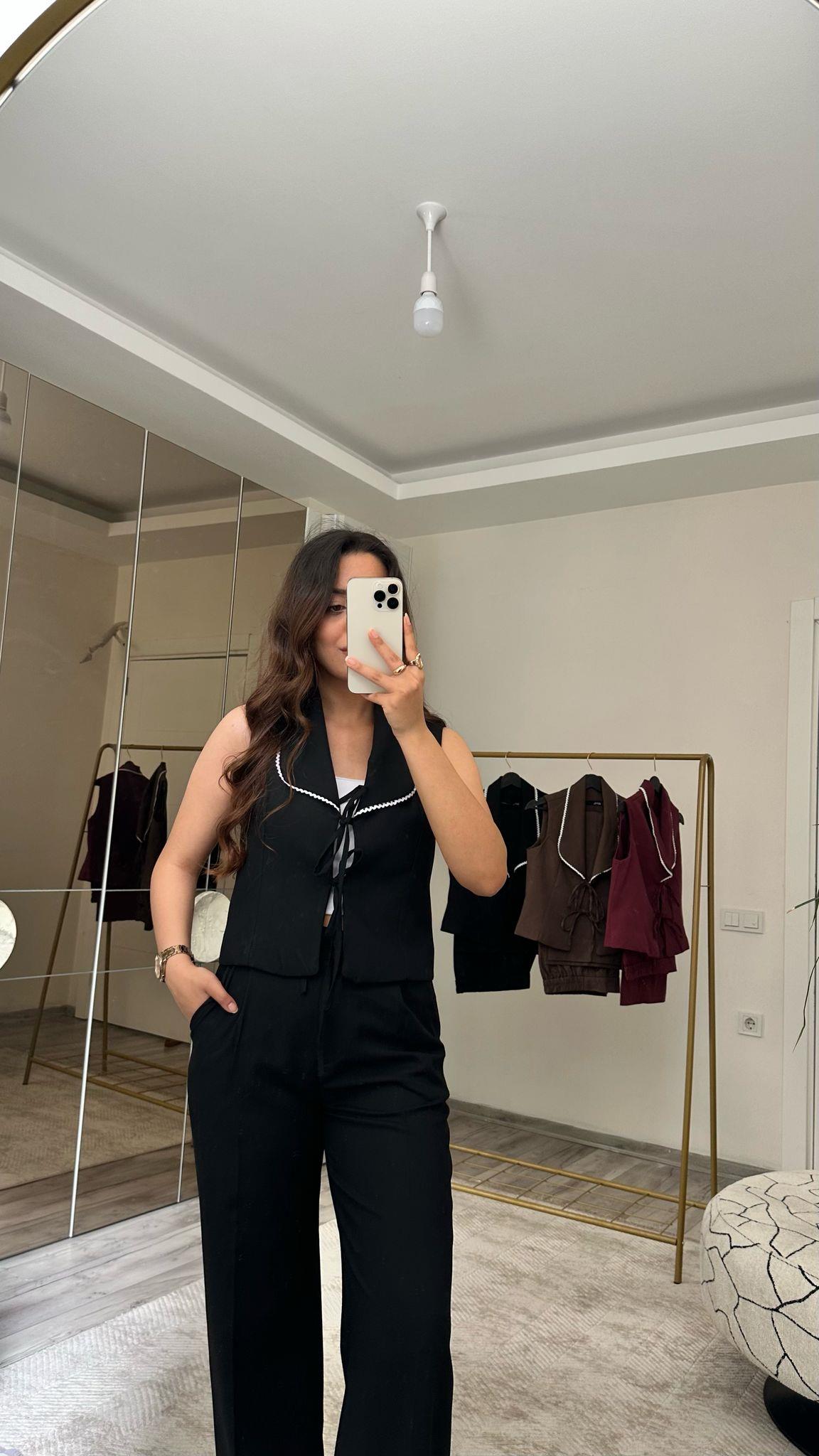YAKASI FİSTOLU YELEK PANTOLON TAKIM SİYAH