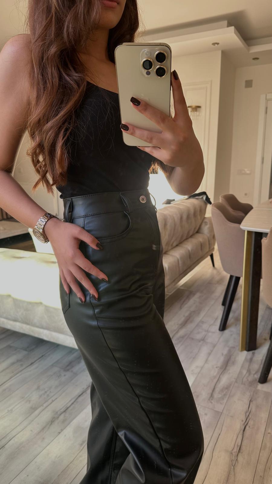 ZARA DERİ PALAZZO PANTOLON SİYAH