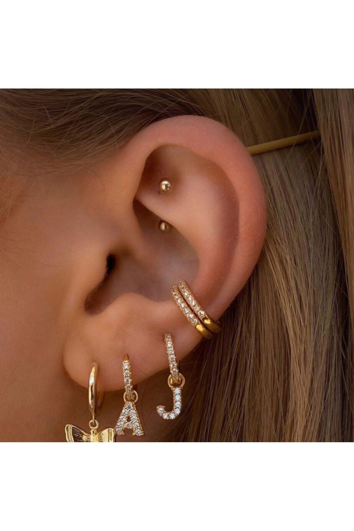 10 mm Gold Renk Taşlı Halka Piercing Helix Lob Conch Kıkırdak