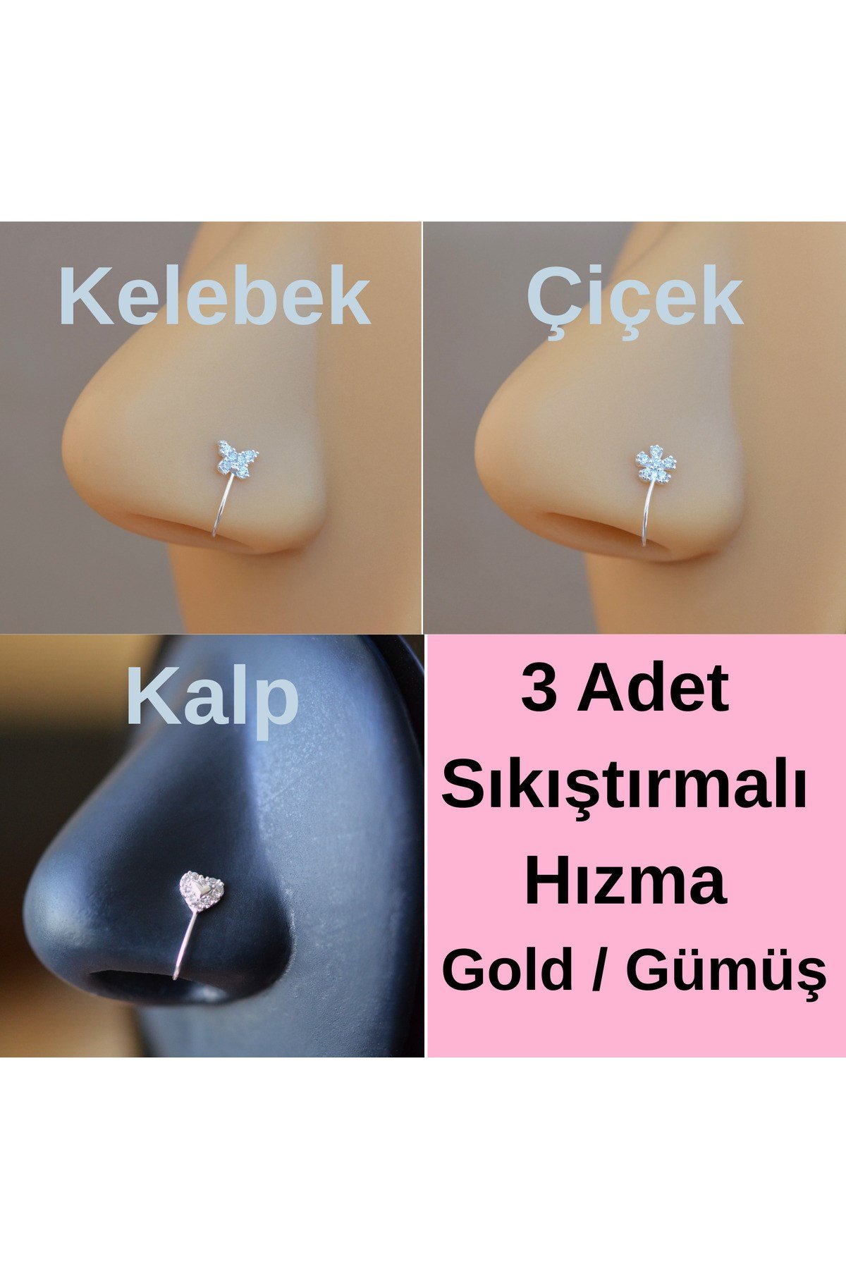 3 Adet 925 Ayar Gümüş Deliksiz Sıkıştırmalı Burun Hızma Seti – Kelebek, Kalp , Çiçek, 3’lü set