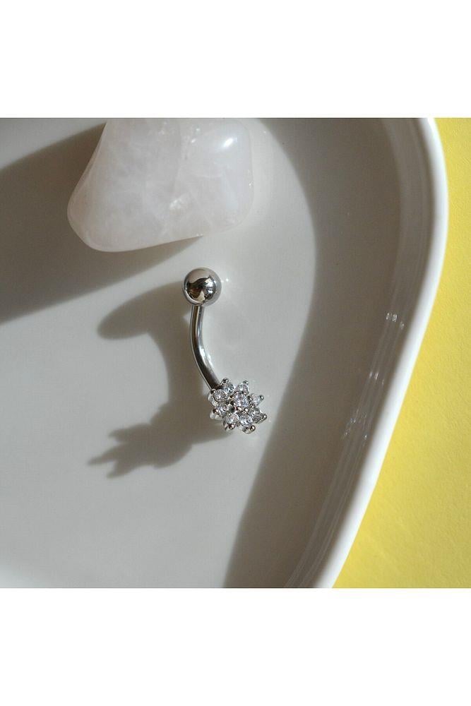 316 L Çelik Minimal Çiçekli Göbek Piecingi Silver Renk