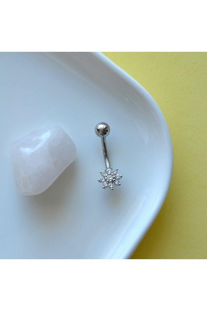 316 L Çelik Minimal Çiçekli Göbek Piecingi Silver Renk