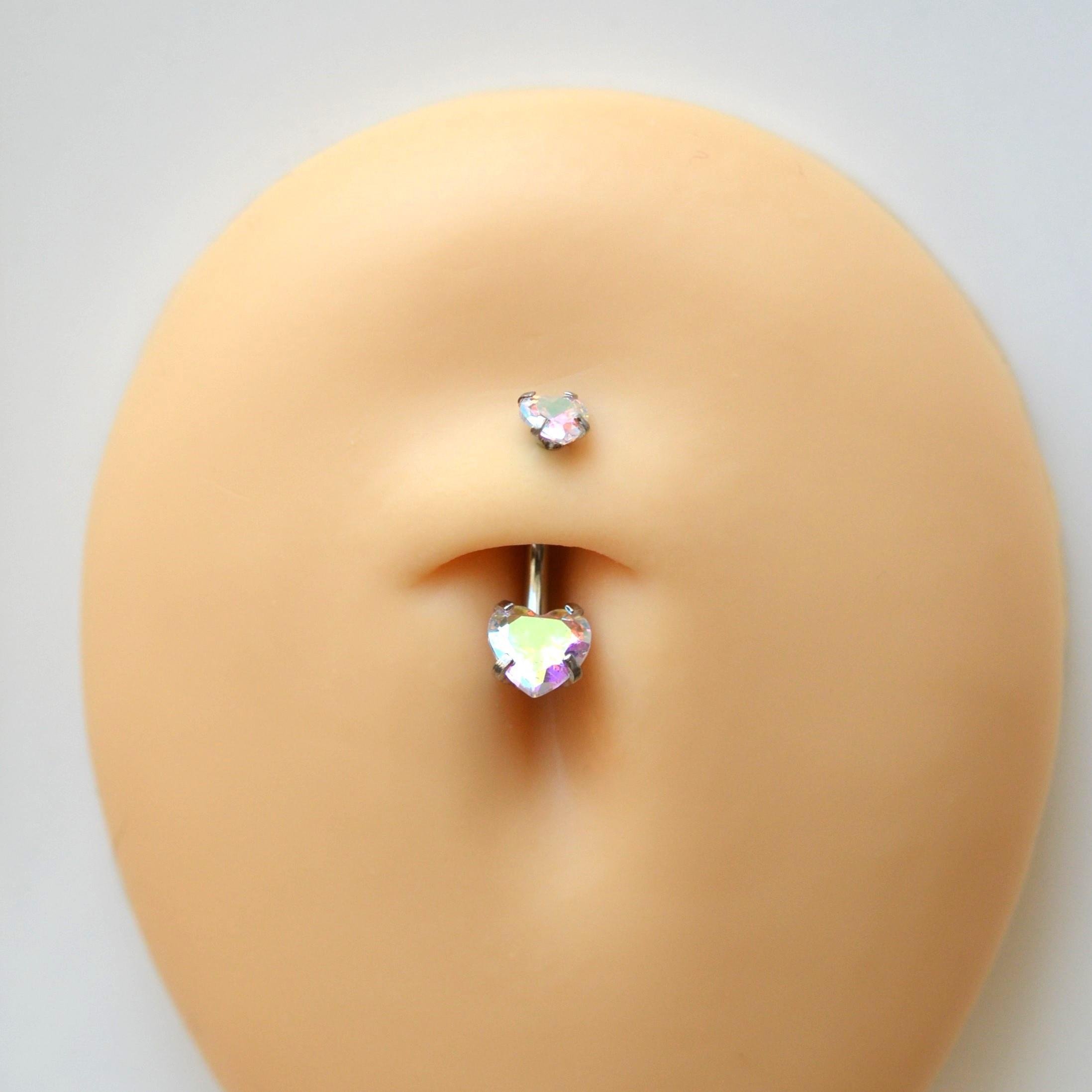 316 L Çelik Zirkon Taşlı Kalp Göbek Piercingi Hologram Taşlı Kalpli Minimal Göbek Piercingi
