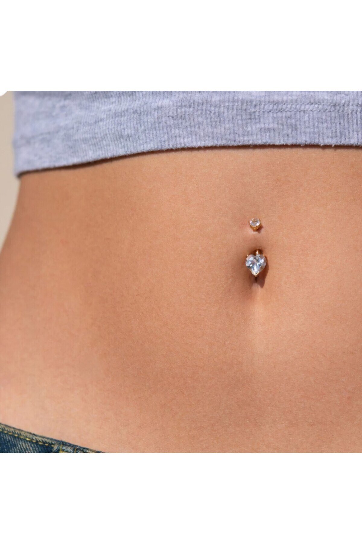 316 L Çelik Zirkon Taşlı Kalp Göbek Piercingi Taşlı Kalpli Minimal Göbek Piercingi Gold
