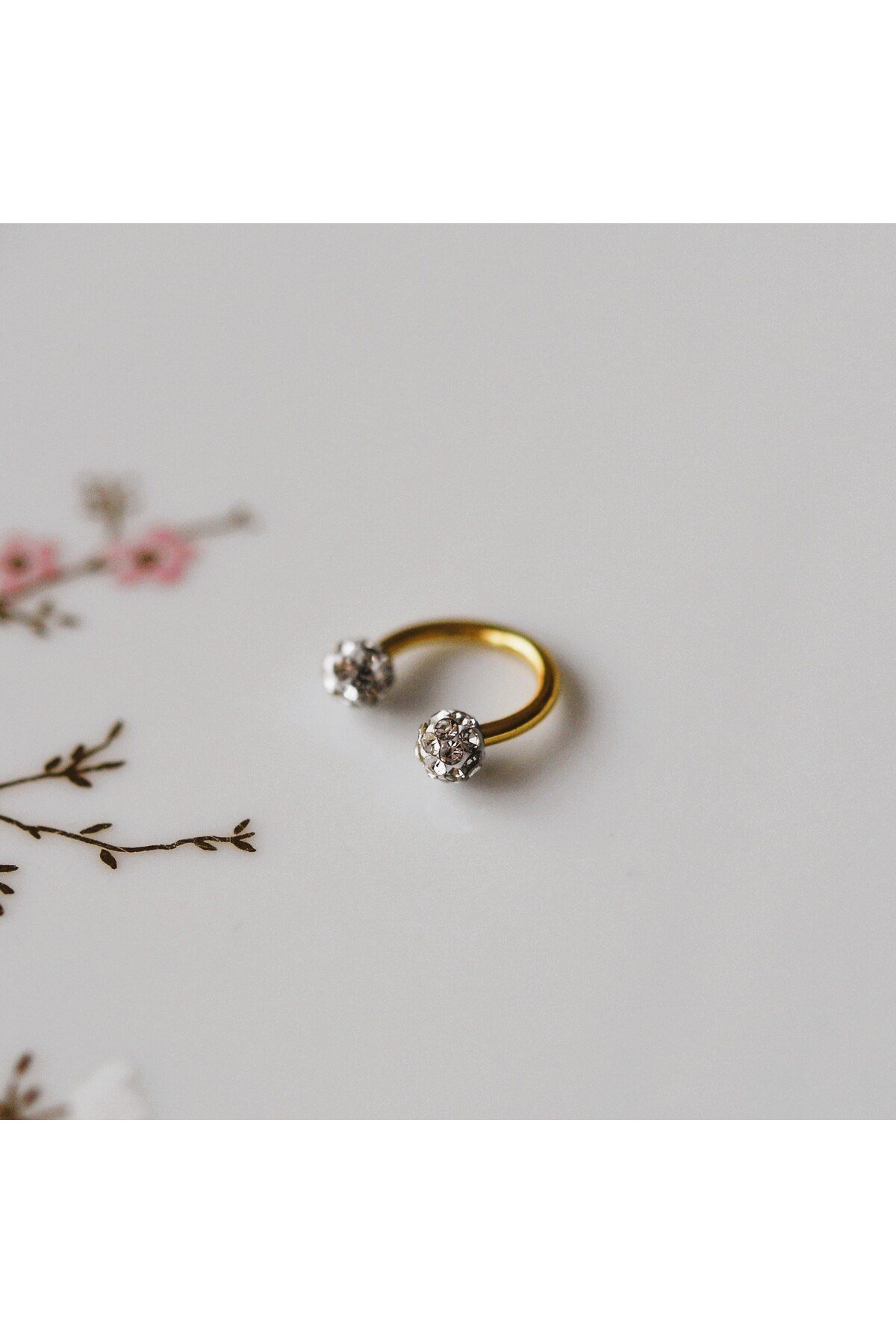 8 mm Gold İki Ucu Taşlı Cerrahi Çelik Tragus Helix Piercing Kıkırdak Septum