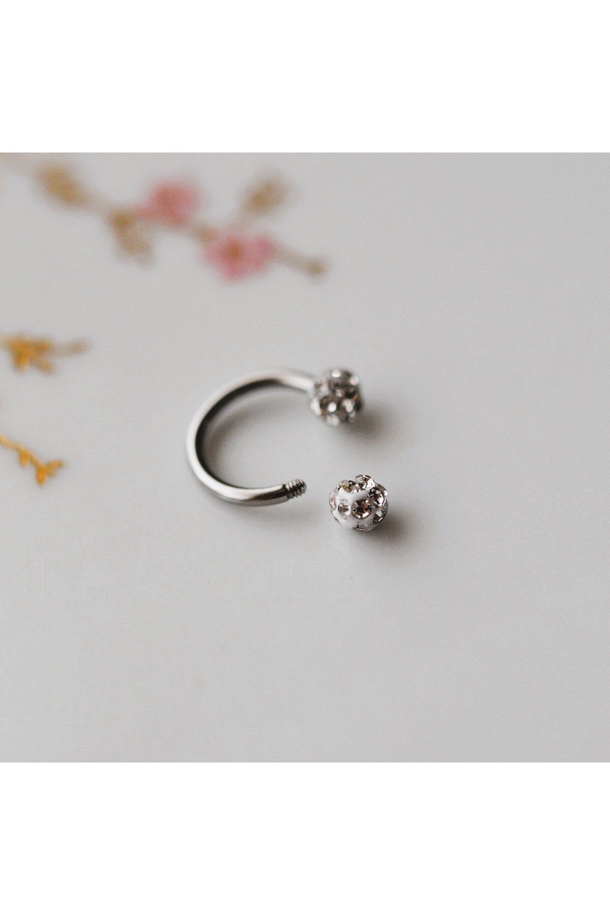8 mm Gümüş Renk İki Ucu Taşlı Cerrahi Çelik Tragus Helix Piercing Kıkırdak Septum