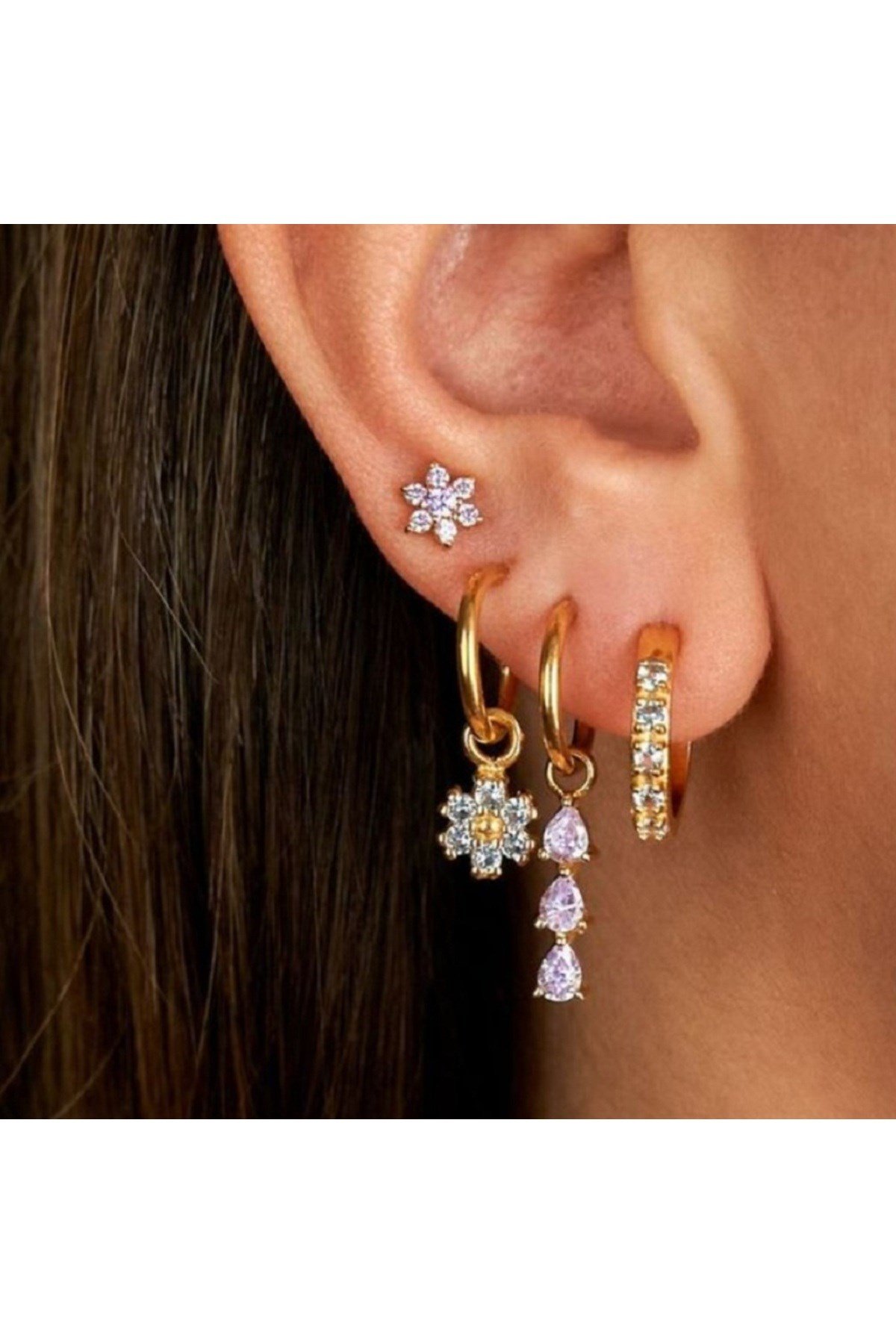 Cerrahi Çelik Çiçek Piercing Tragus Helix Conch Kıkırdak Lob Gold Renk