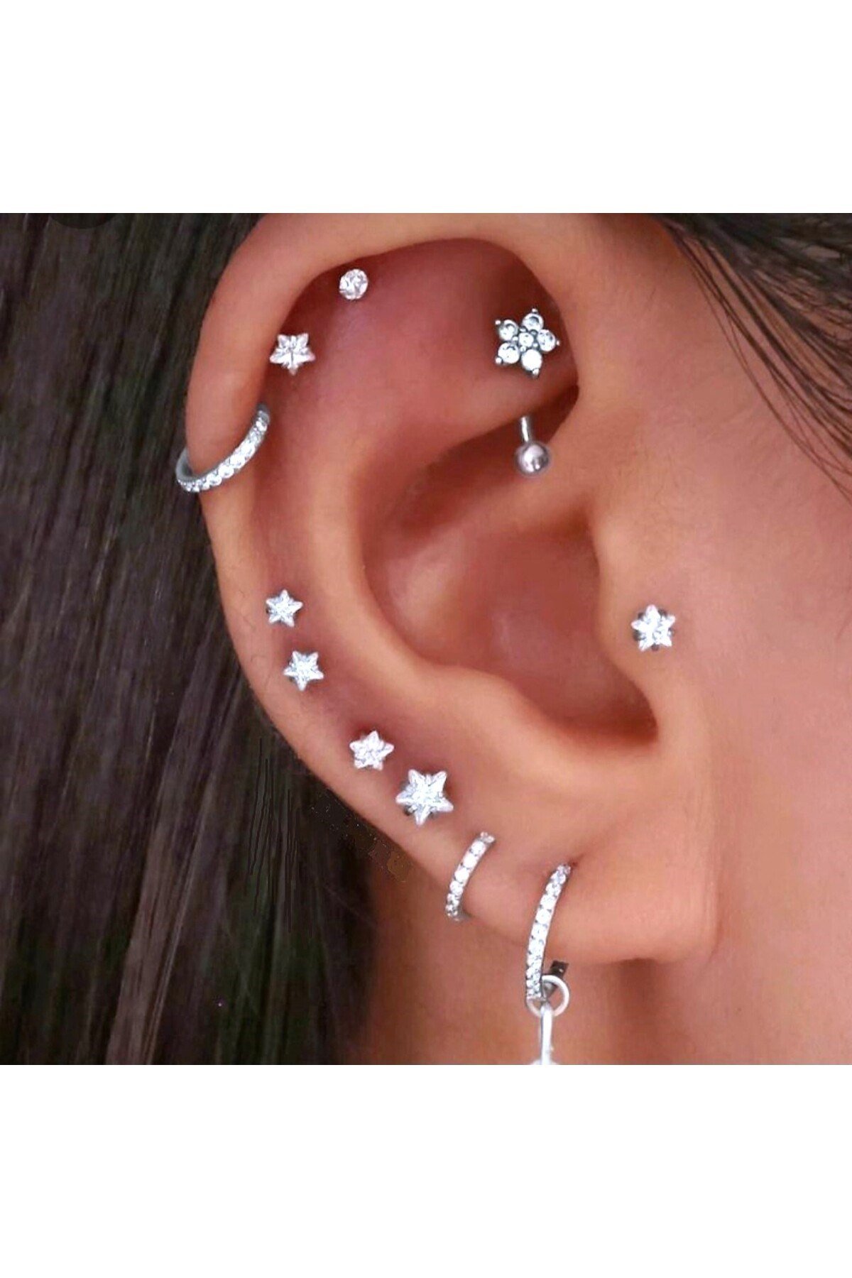 Cerrahi Çelik Yıldız Taşlı Piercing Tragus Helix Kıkırdak Conch 8 mm Gümüş Renk