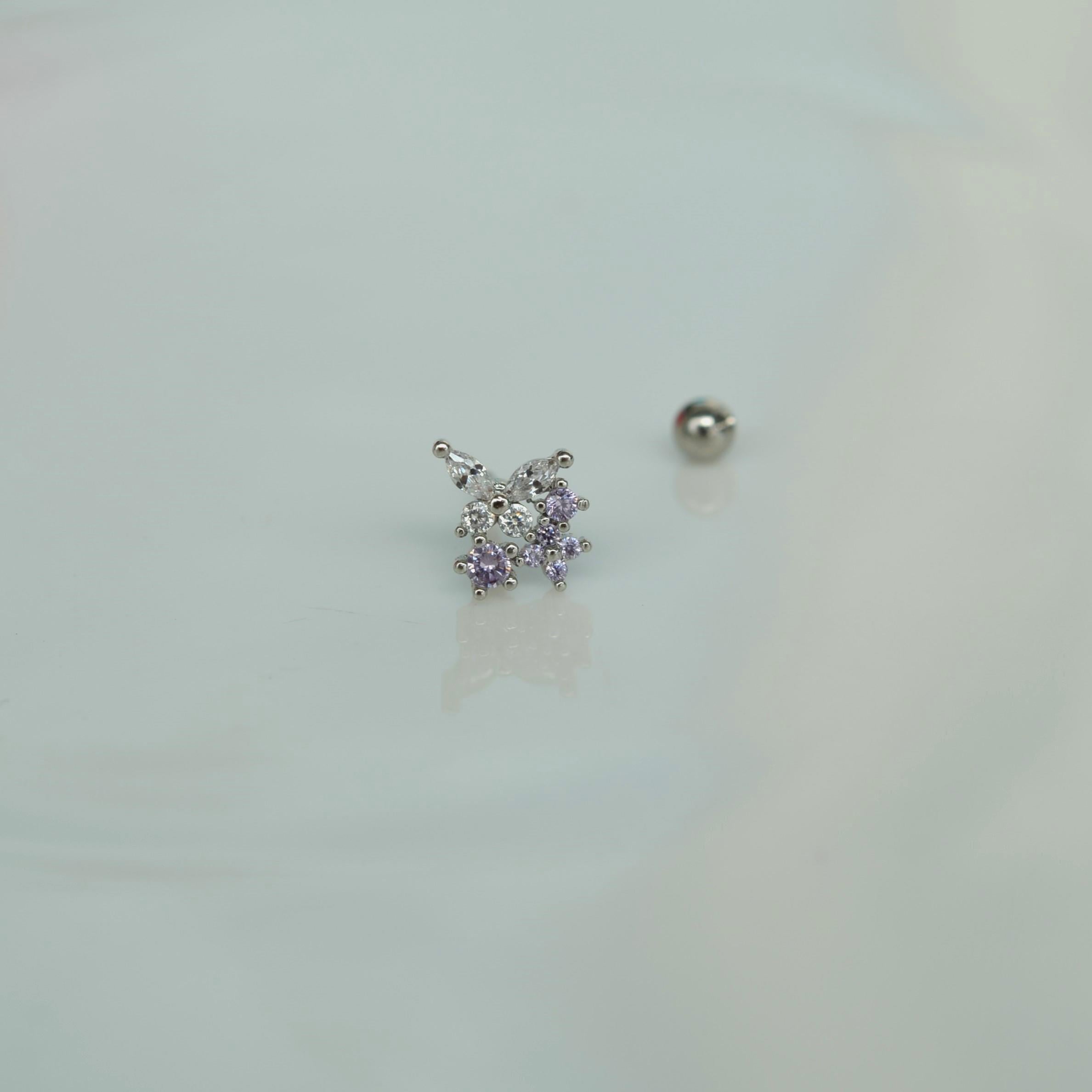 Çiçekli ve Kelebekli Mini Tragus Helix Piercing Kıkırdak Silver Renk HA