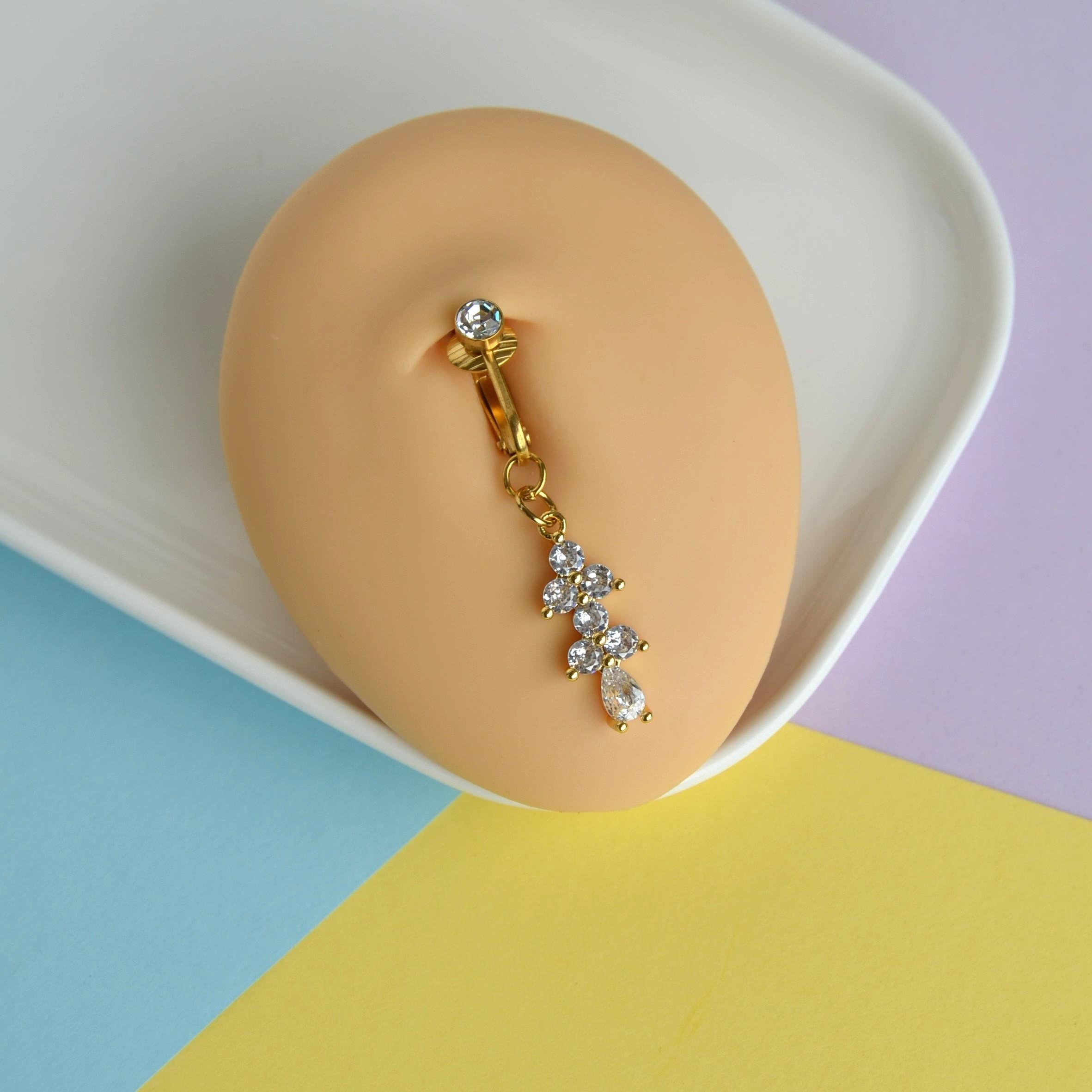 Deliksiz Göbek Piercing Mıknatıslı Sıkıştırma Taş Sallantılı