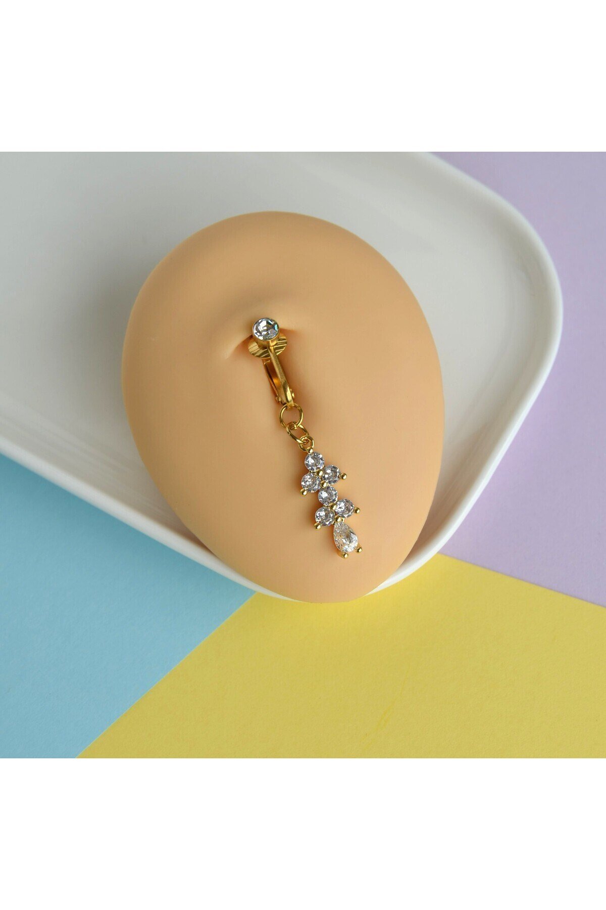 Deliksiz Göbek Piercing Mıknatıslı Sıkıştırma Taş Sallantılı