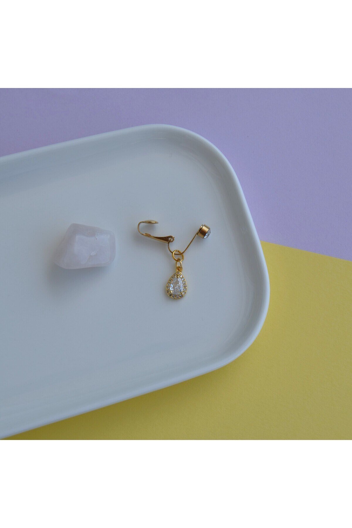 Deliksiz Zirkon Damla Sallantılı Sıkıştırma Klipsli Göbek Piercingi Belly Piercing