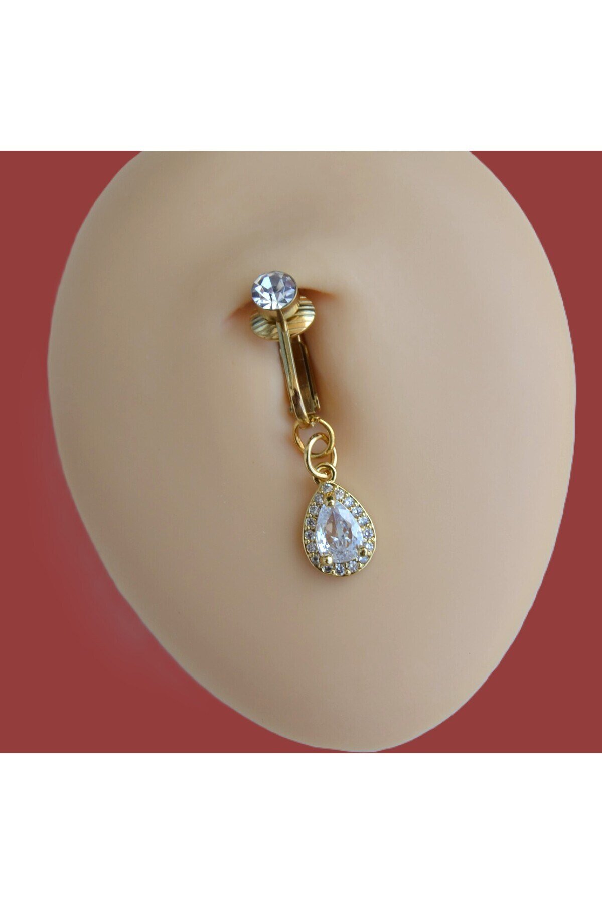 Deliksiz Zirkon Damla Sallantılı Sıkıştırma Klipsli Göbek Piercingi Belly Piercing