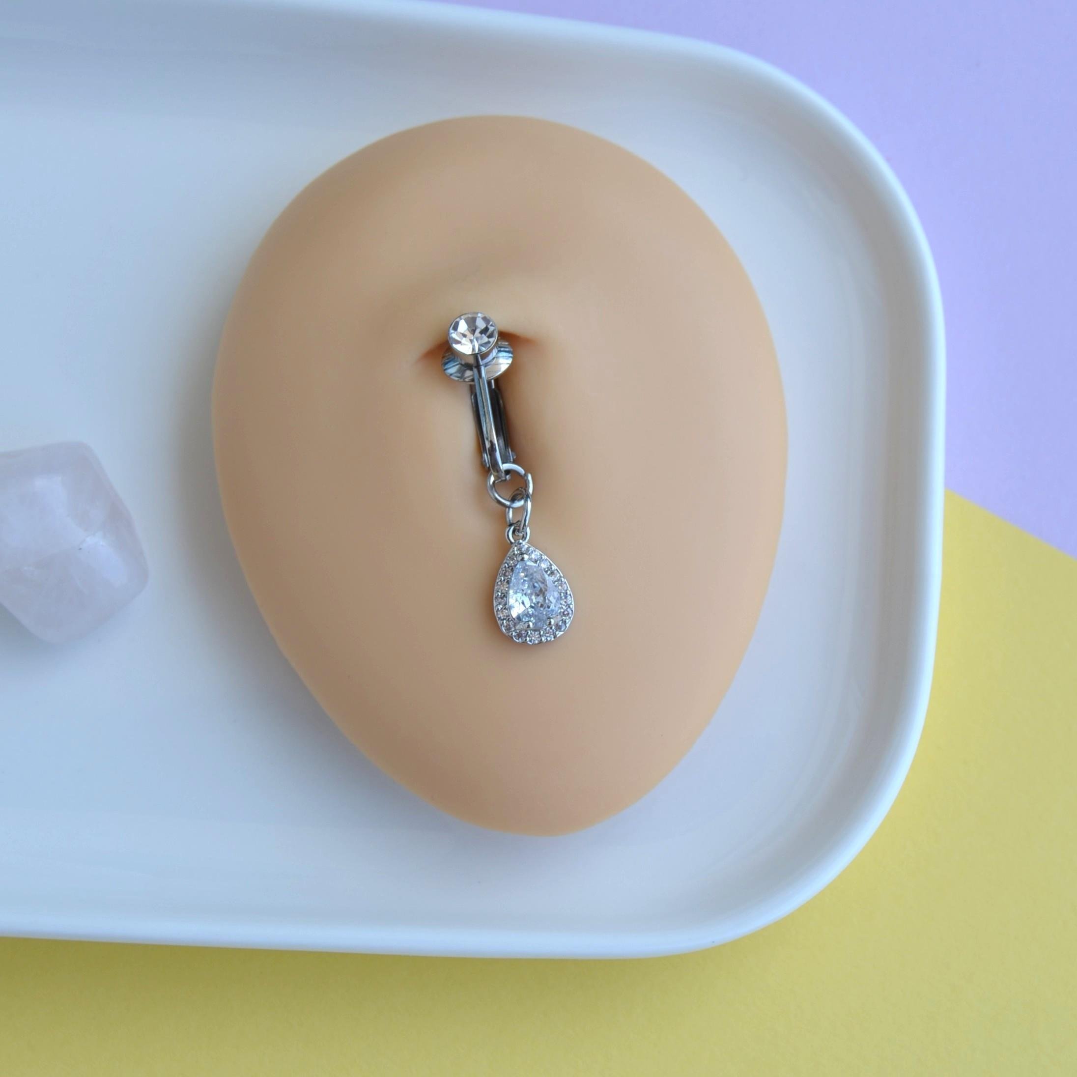 Deliksiz Zirkon Damla Sallantılı Sıkıştırma Klipsli Göbek Piercingi Belly Piercing